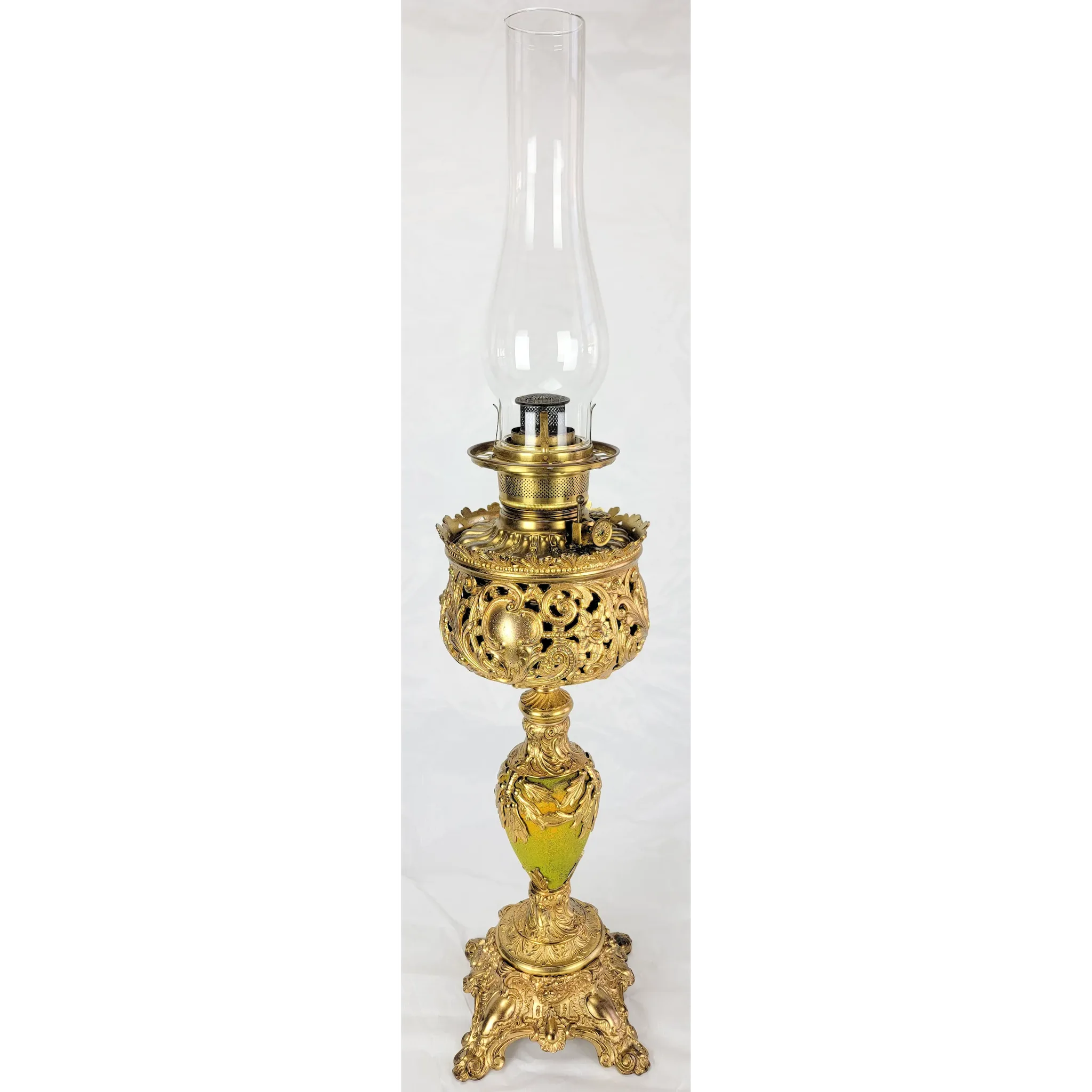 Ornate Antique Bradley & Hubbard B&H Gilded Kerosene Banquet Lamp - Pink Slag Glass Shade - View 3