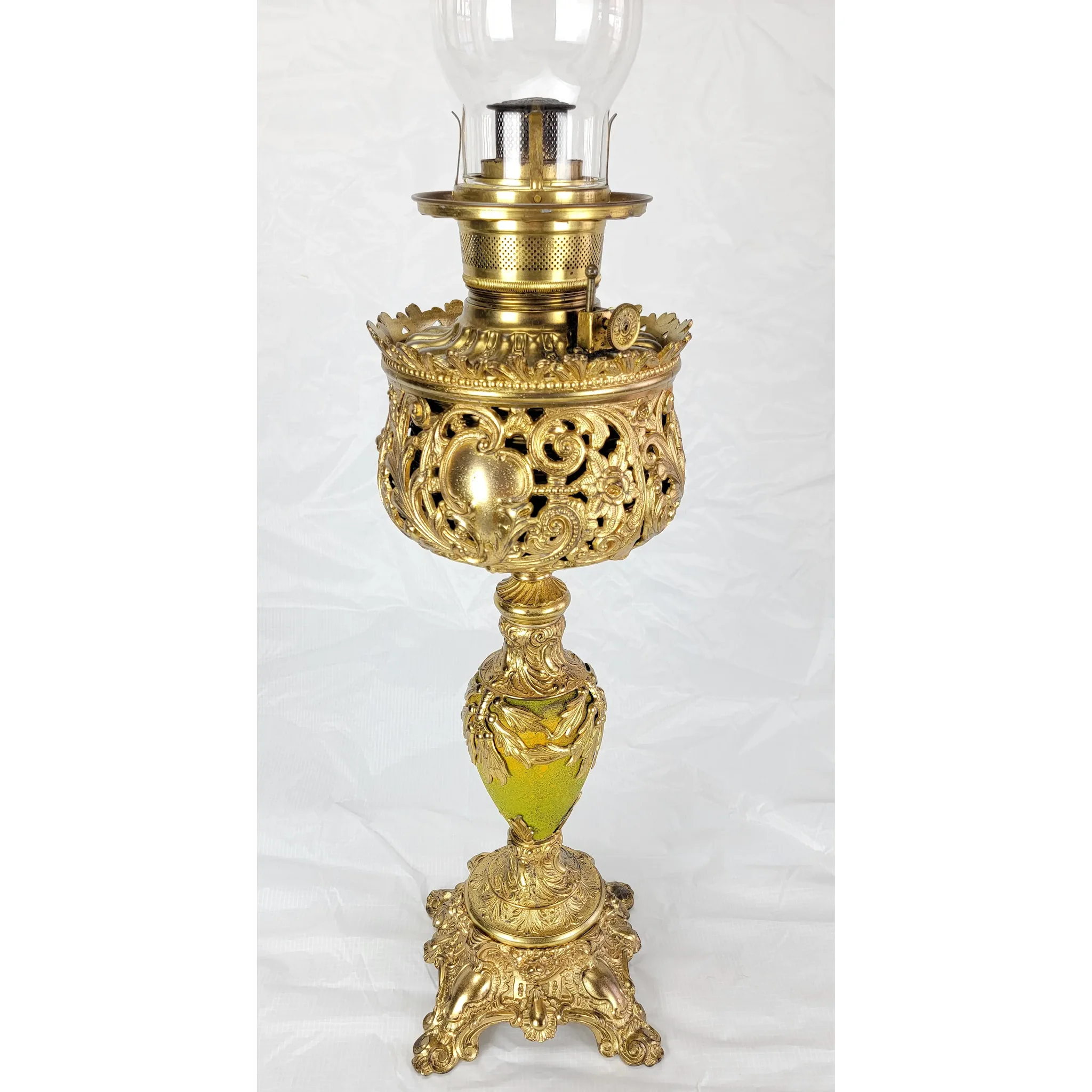 Ornate Antique Bradley & Hubbard B&H Gilded Kerosene Banquet Lamp - Pink Slag Glass Shade - View 4