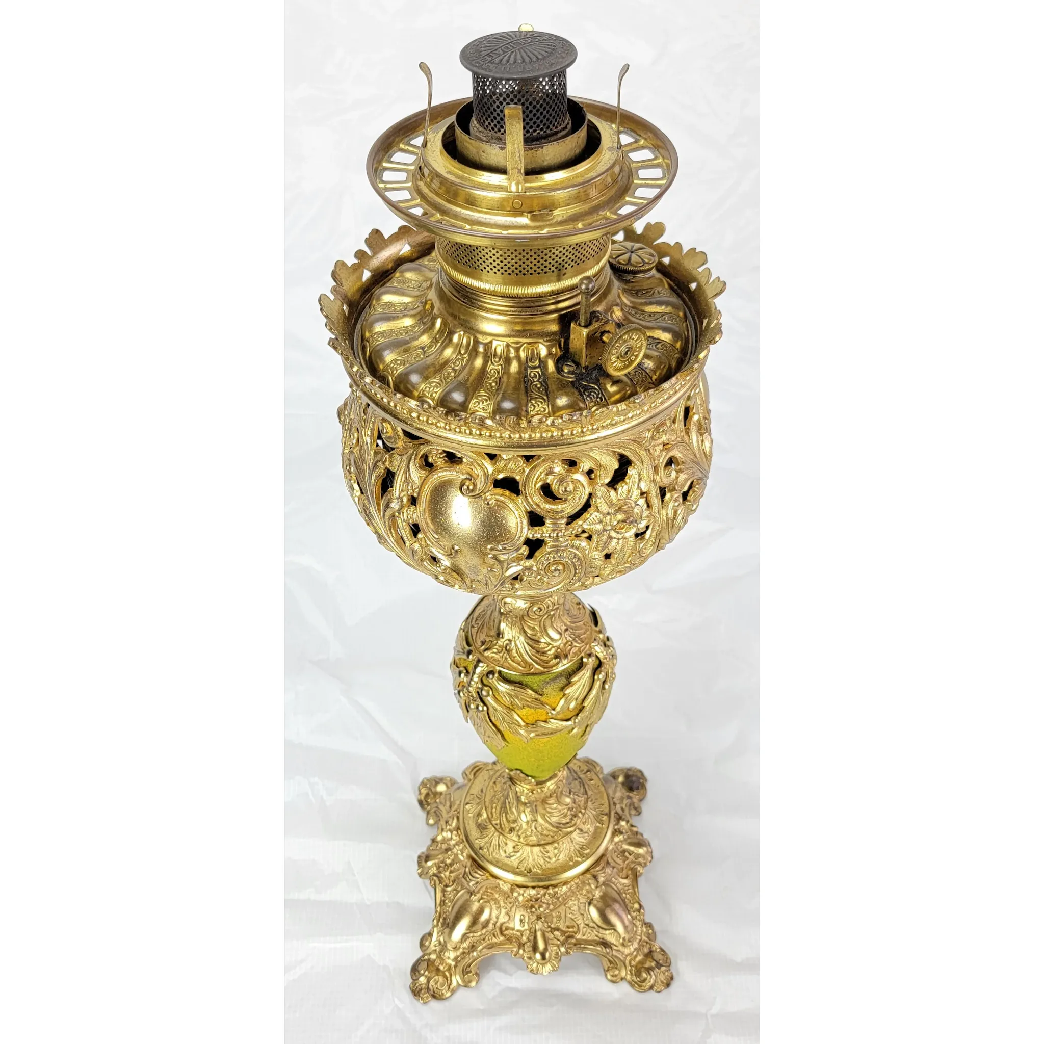 Ornate Antique Bradley & Hubbard B&H Gilded Kerosene Banquet Lamp - Pink Slag Glass Shade - View 5