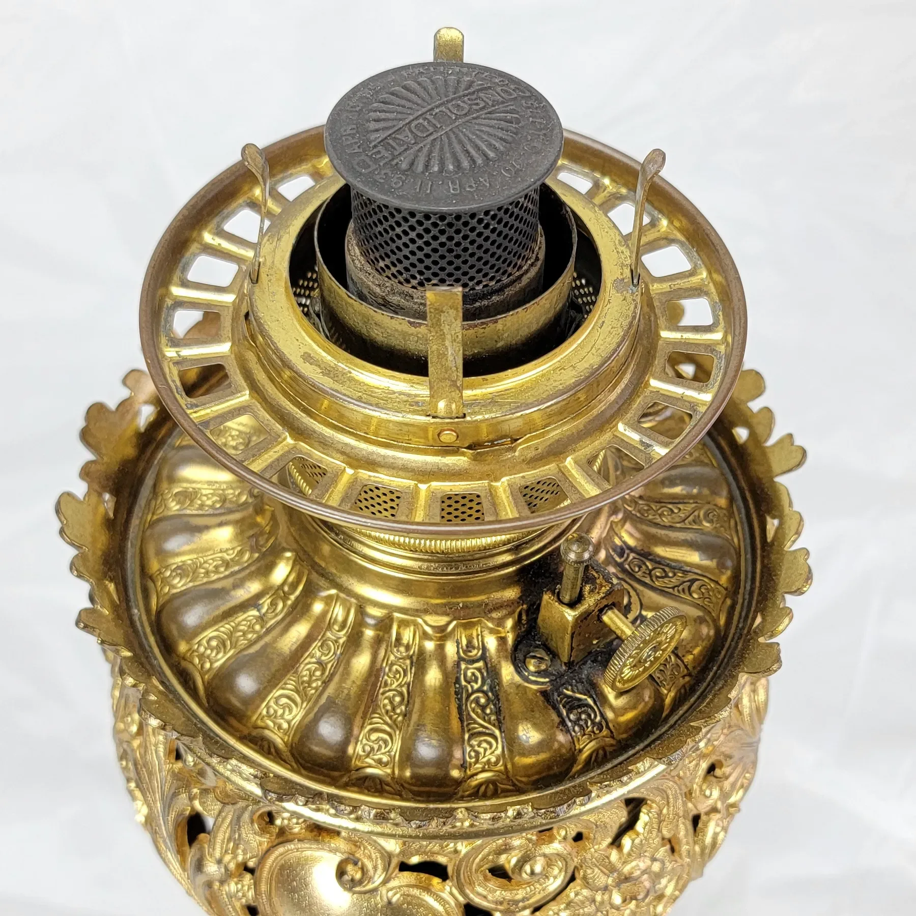 Ornate Antique Bradley & Hubbard B&H Gilded Kerosene Banquet Lamp - Pink Slag Glass Shade - View 6