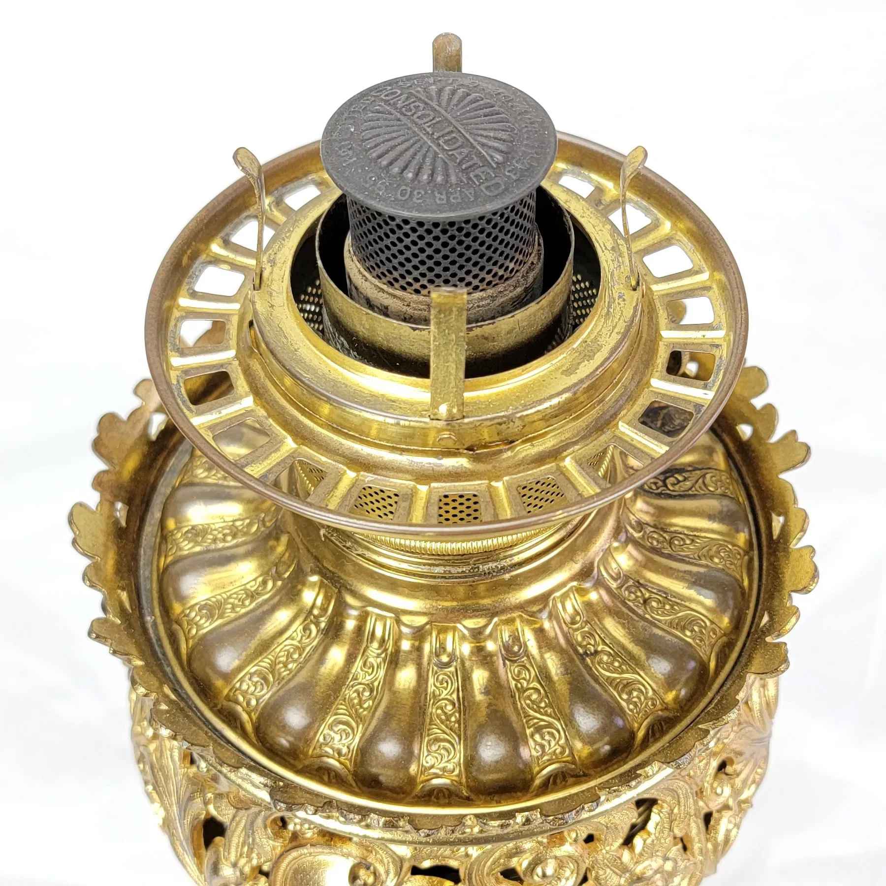 Ornate Antique Bradley & Hubbard B&H Gilded Kerosene Banquet Lamp - Pink Slag Glass Shade - View 7