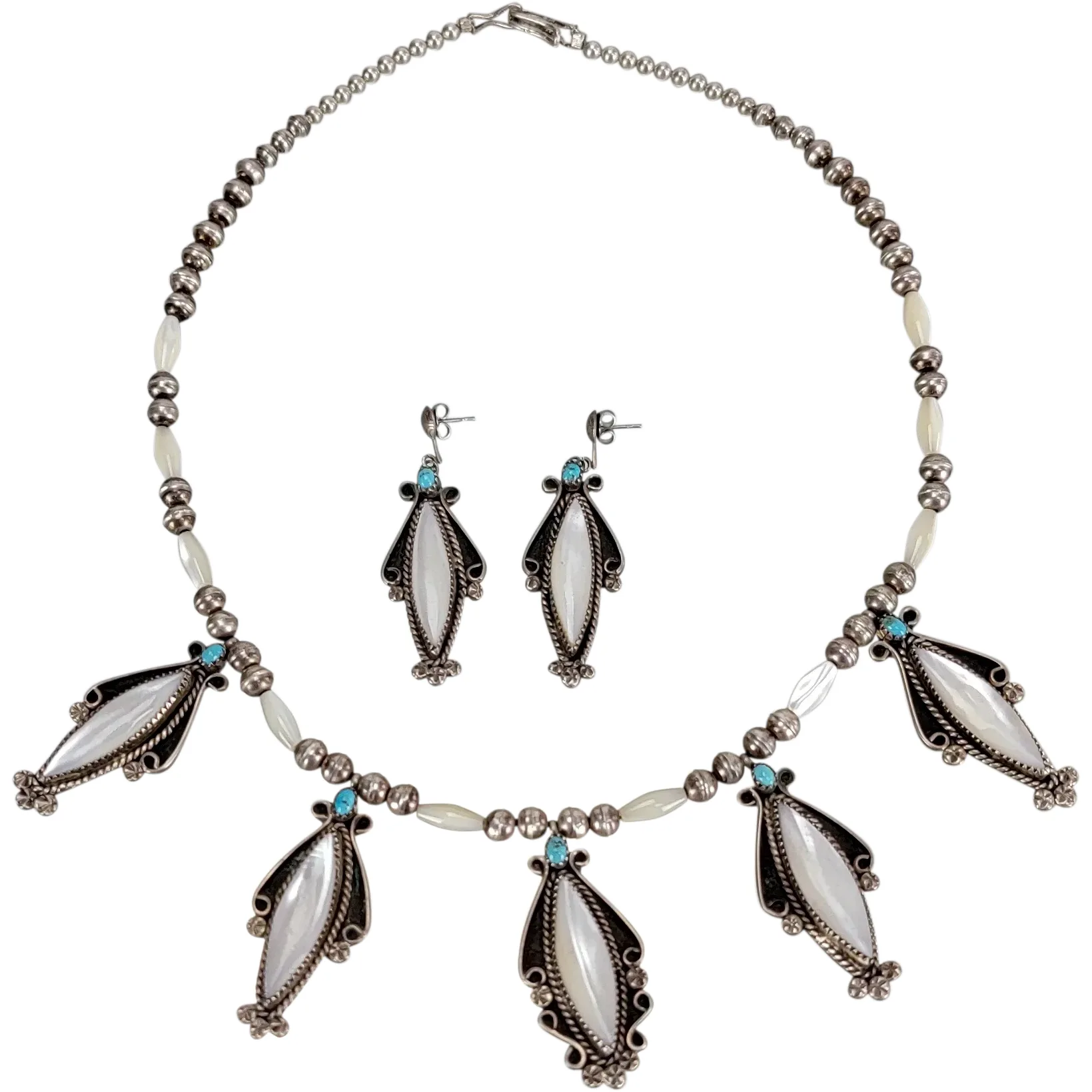 Signed D. Dedman Navajo Necklace & Earrings - MOP and Turquoise