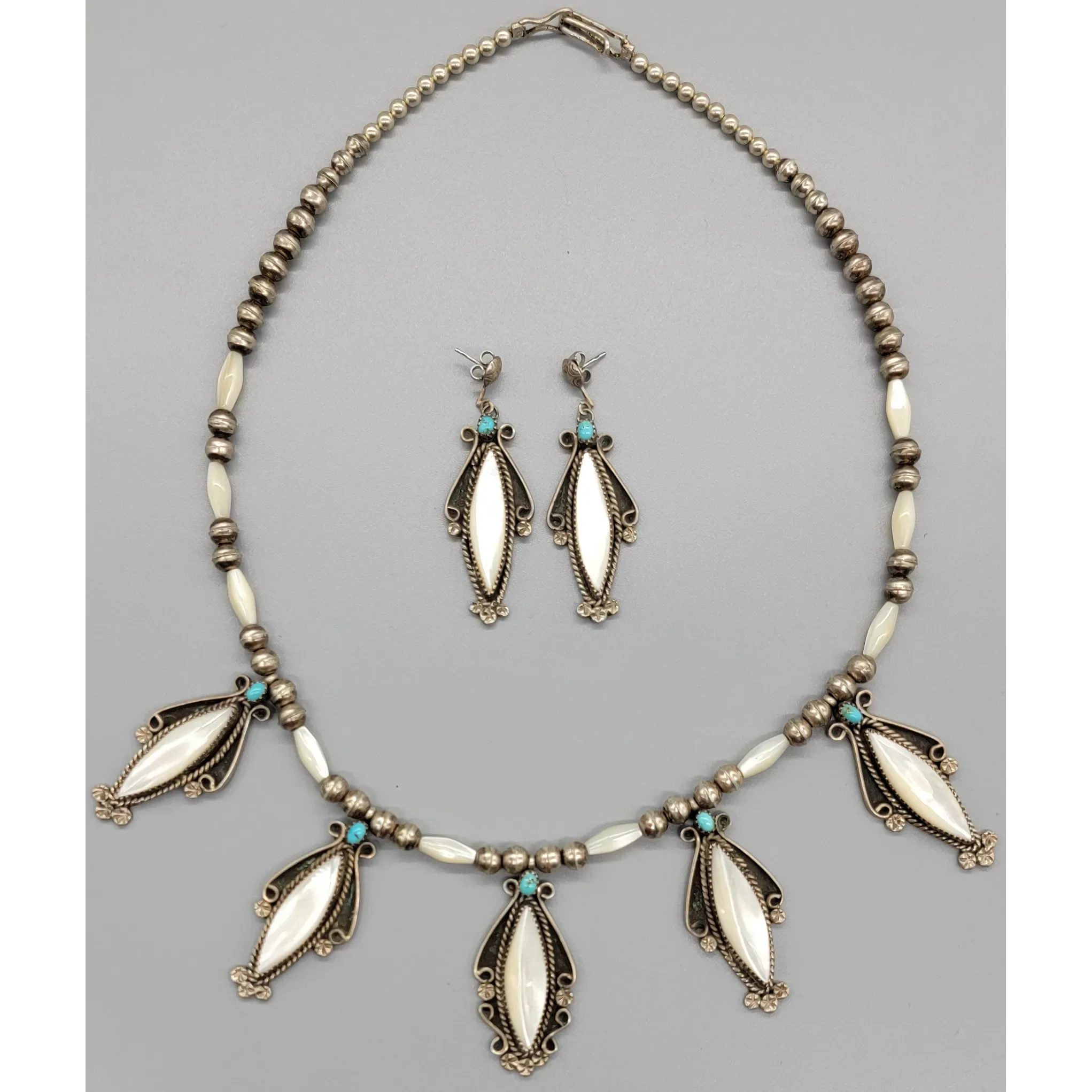 Signed D. Dedman Navajo Necklace & Earrings - MOP and Turquoise - View 2