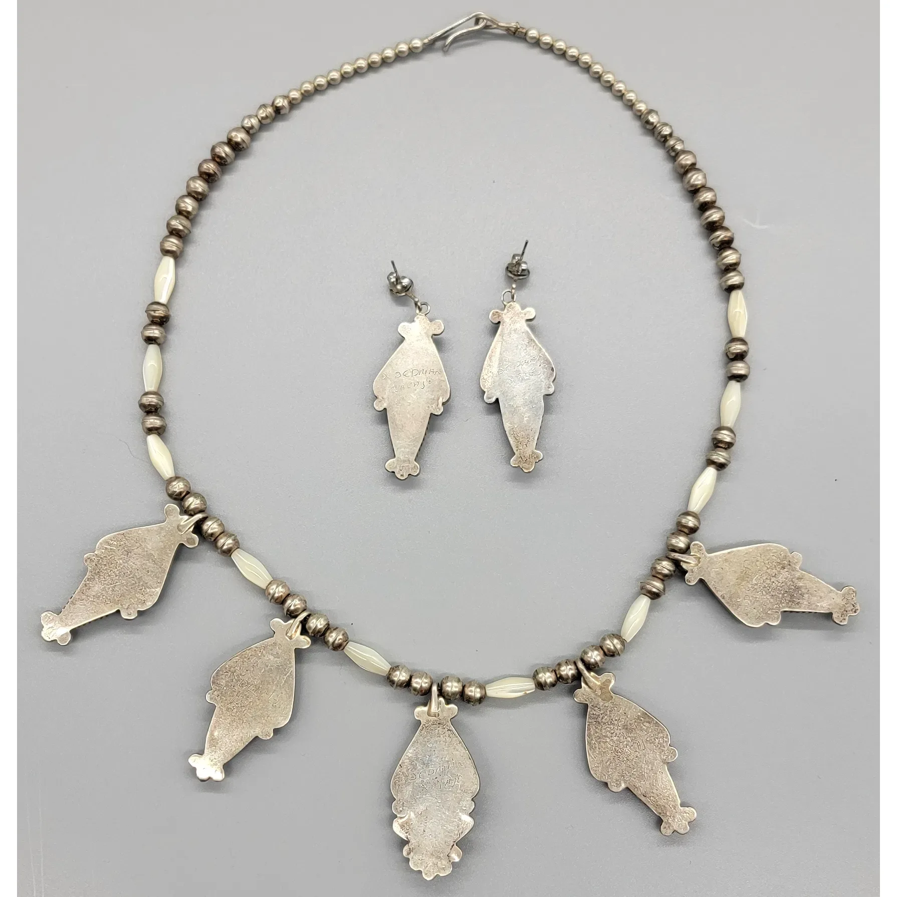 Signed D. Dedman Navajo Necklace & Earrings - MOP and Turquoise - View 3