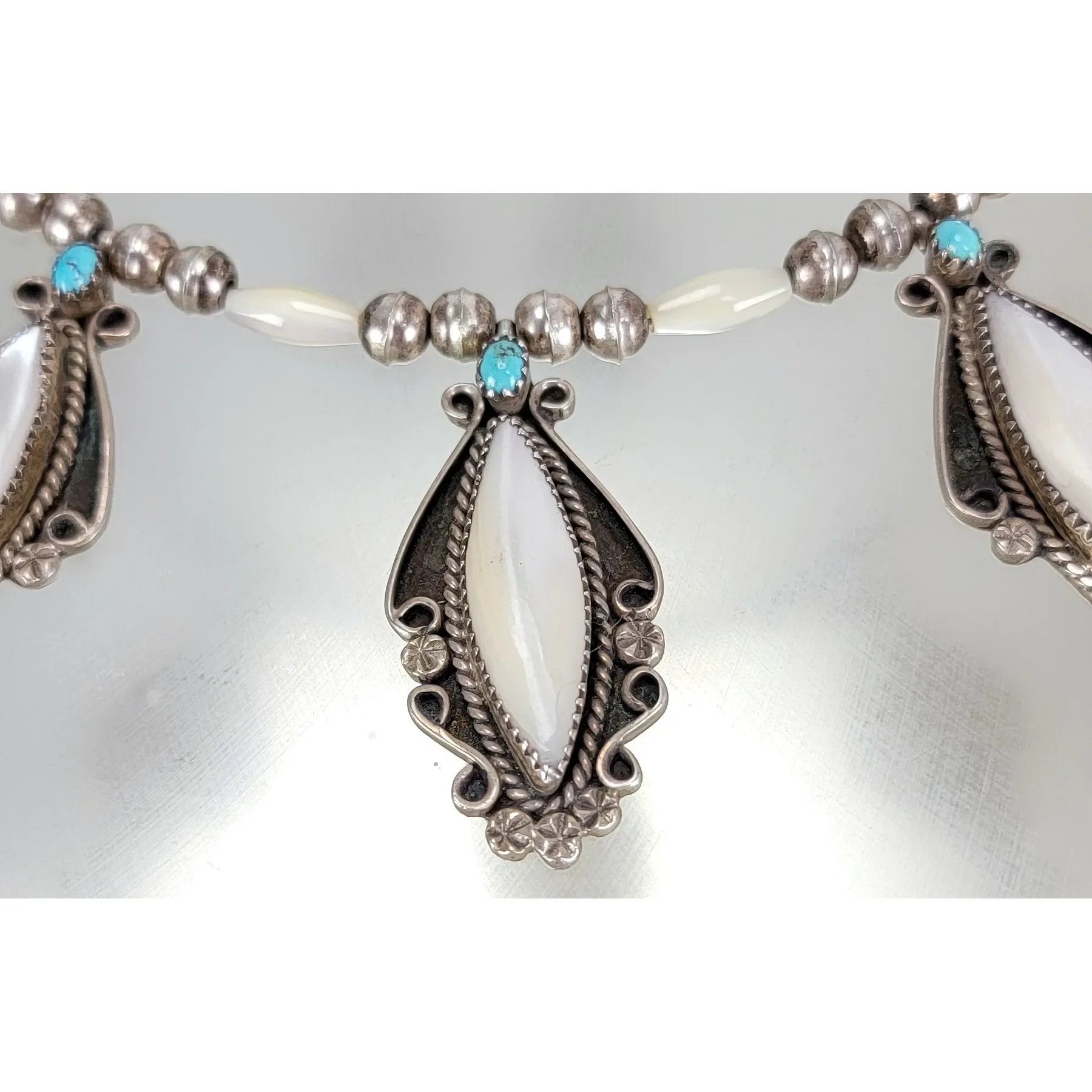Signed D. Dedman Navajo Necklace & Earrings - MOP and Turquoise - View 7