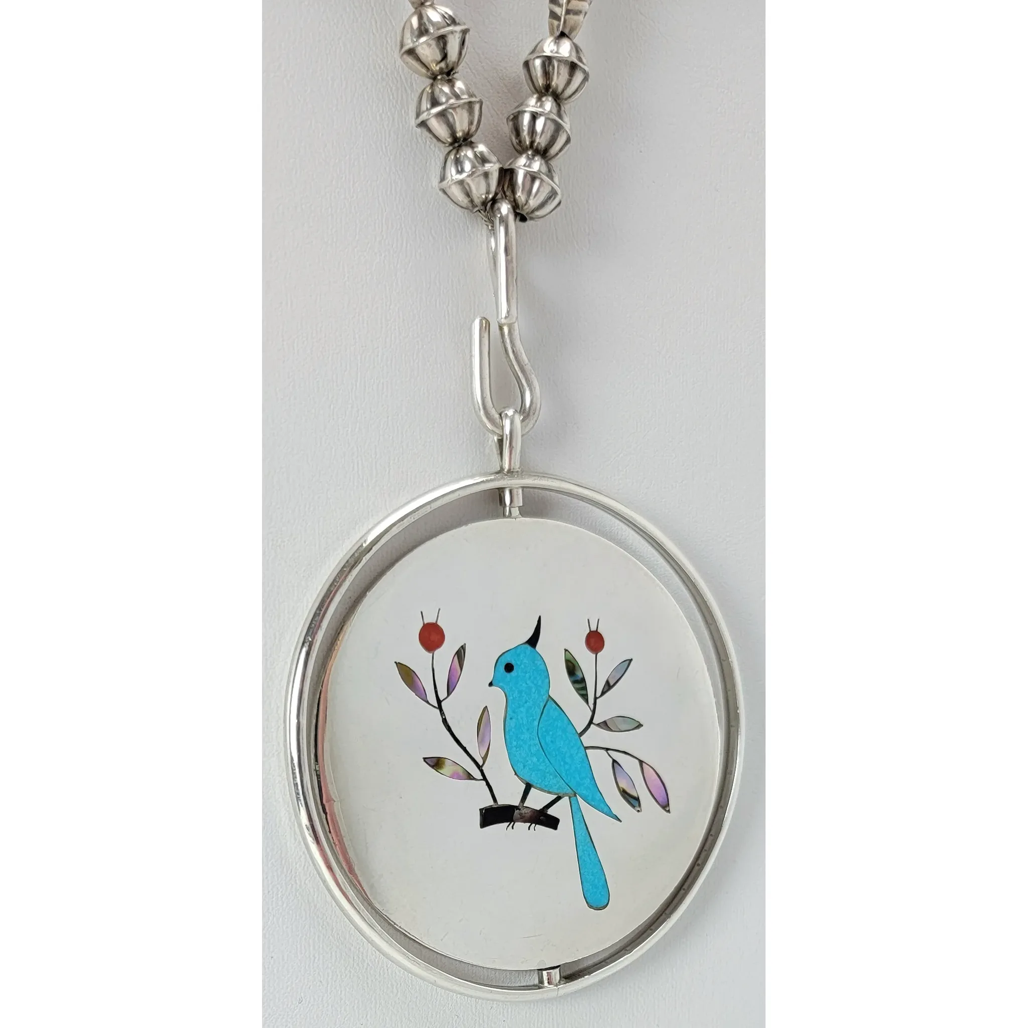 Vintage Zuni Spinner Necklace - Inlaid Blue Bird - View 3