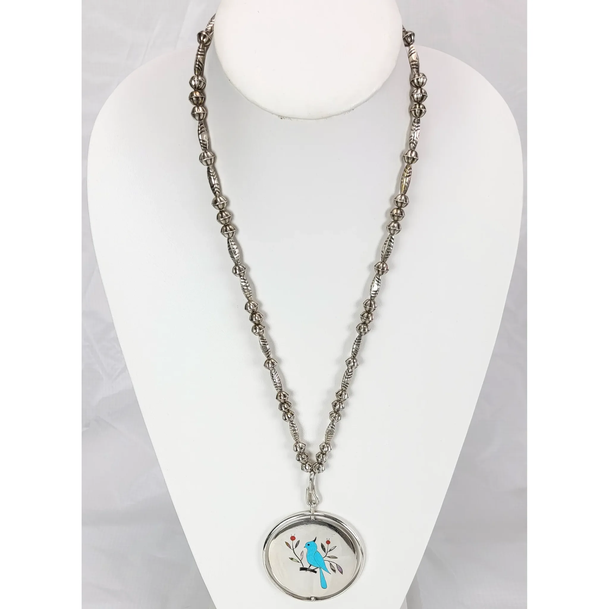 Vintage Zuni Spinner Necklace - Inlaid Blue Bird - View 6