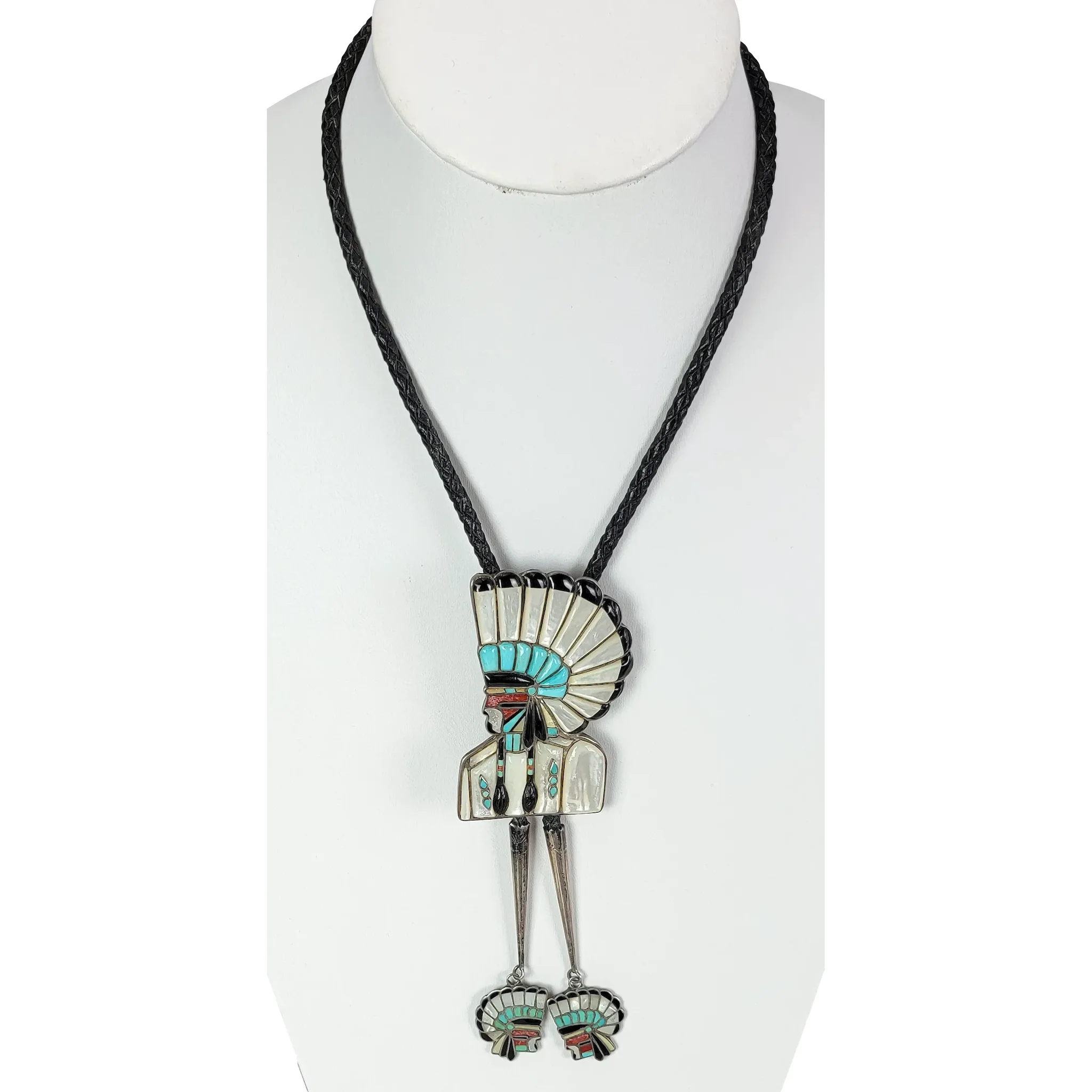 Vintage Zuni Kumanshi Inlaid Sterling Silver Bolo Tie - Signed LS