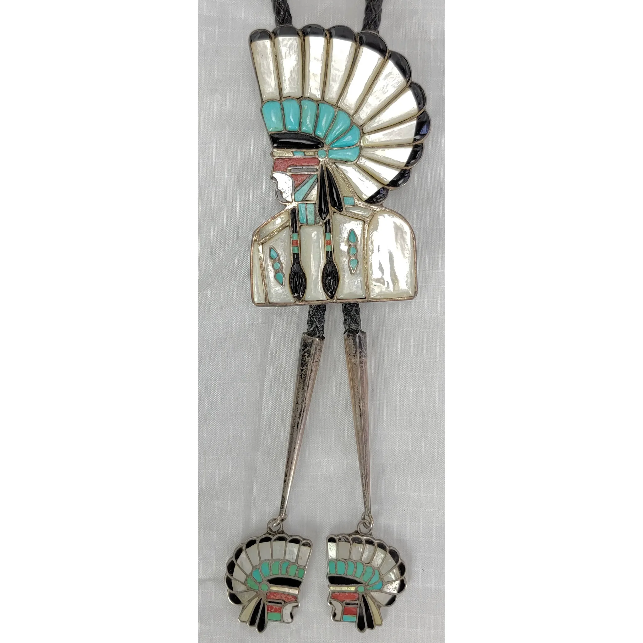 Vintage Zuni Kumanshi Inlaid Sterling Silver Bolo Tie - Signed LS - View 2