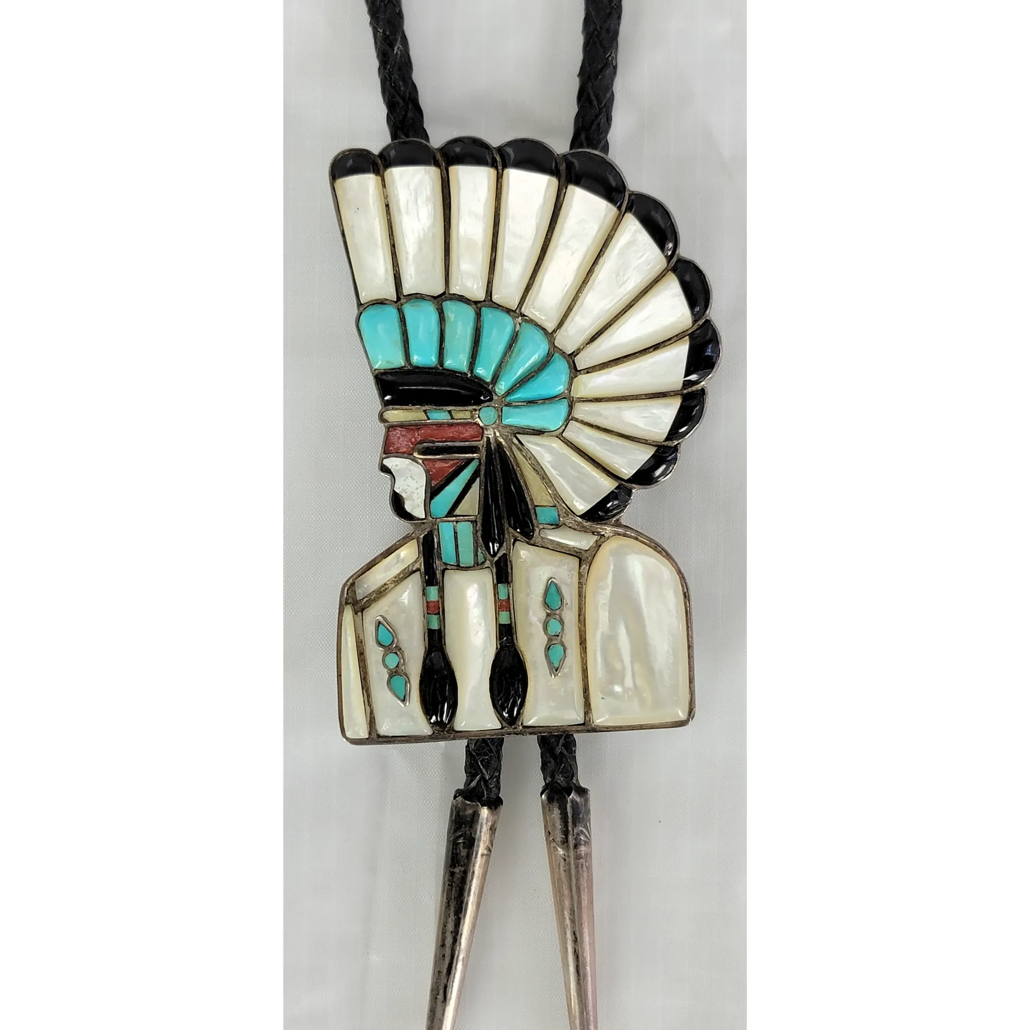 Vintage Zuni Kumanshi Inlaid Sterling Silver Bolo Tie - Signed LS - View 5