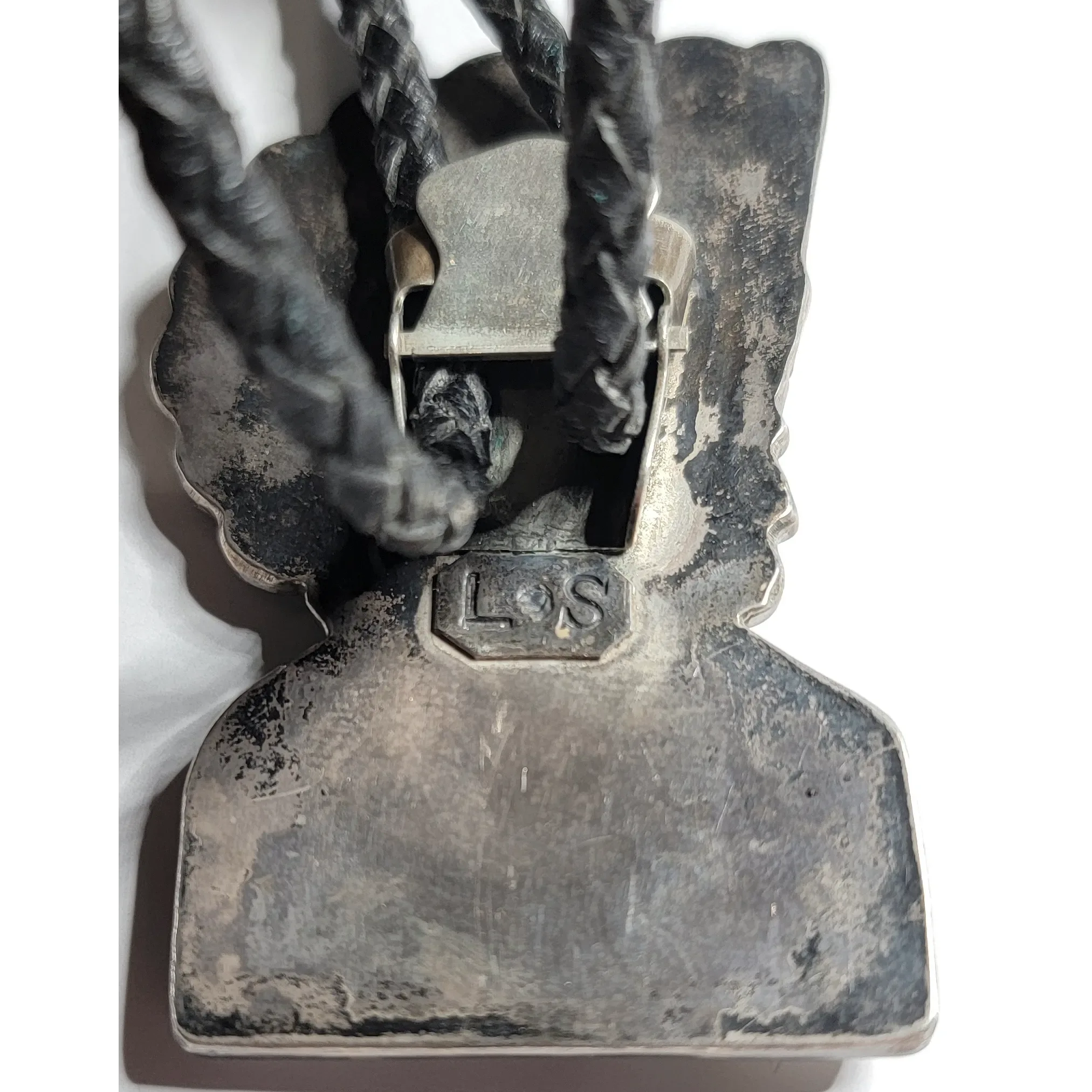 Vintage Zuni Kumanshi Inlaid Sterling Silver Bolo Tie - Signed LS - View 8