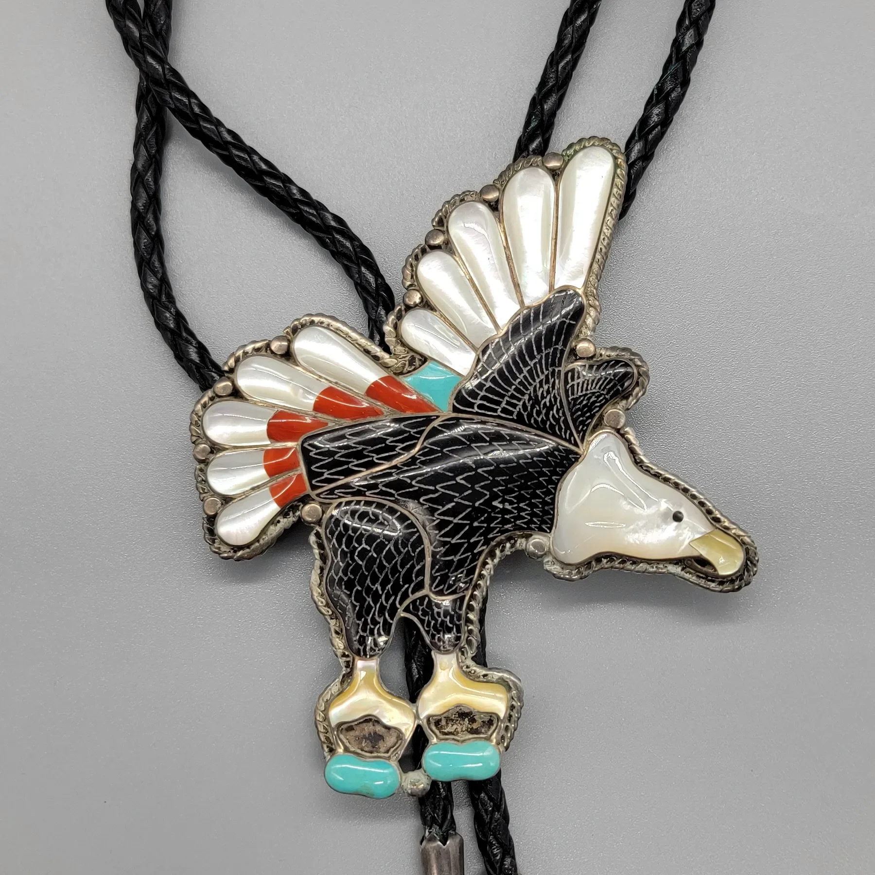 Vintage Zuni Flying Eagle Bolo Tie - Paul Peyketewa Jr - View 3