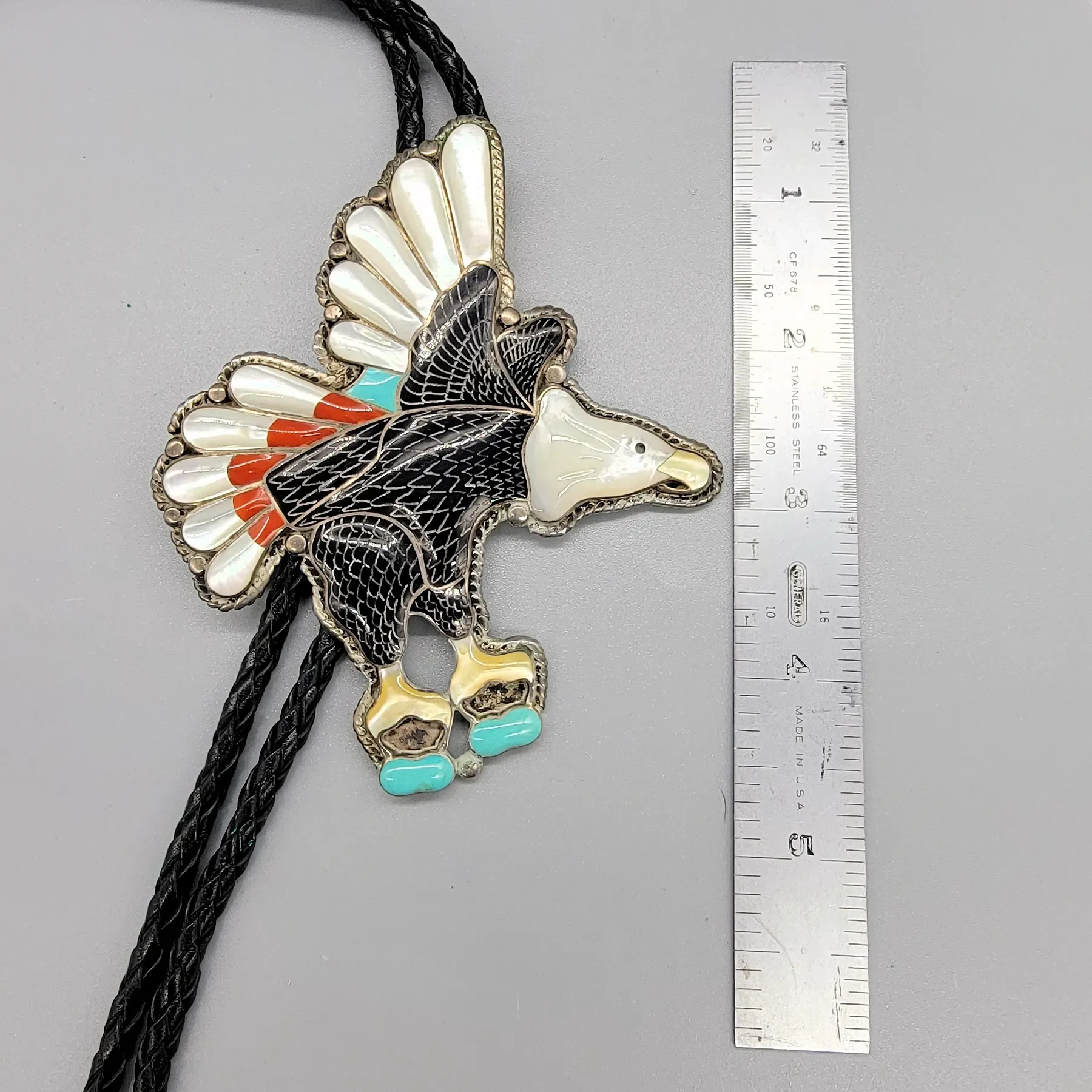 Vintage Zuni Flying Eagle Bolo Tie - Paul Peyketewa Jr - View 4