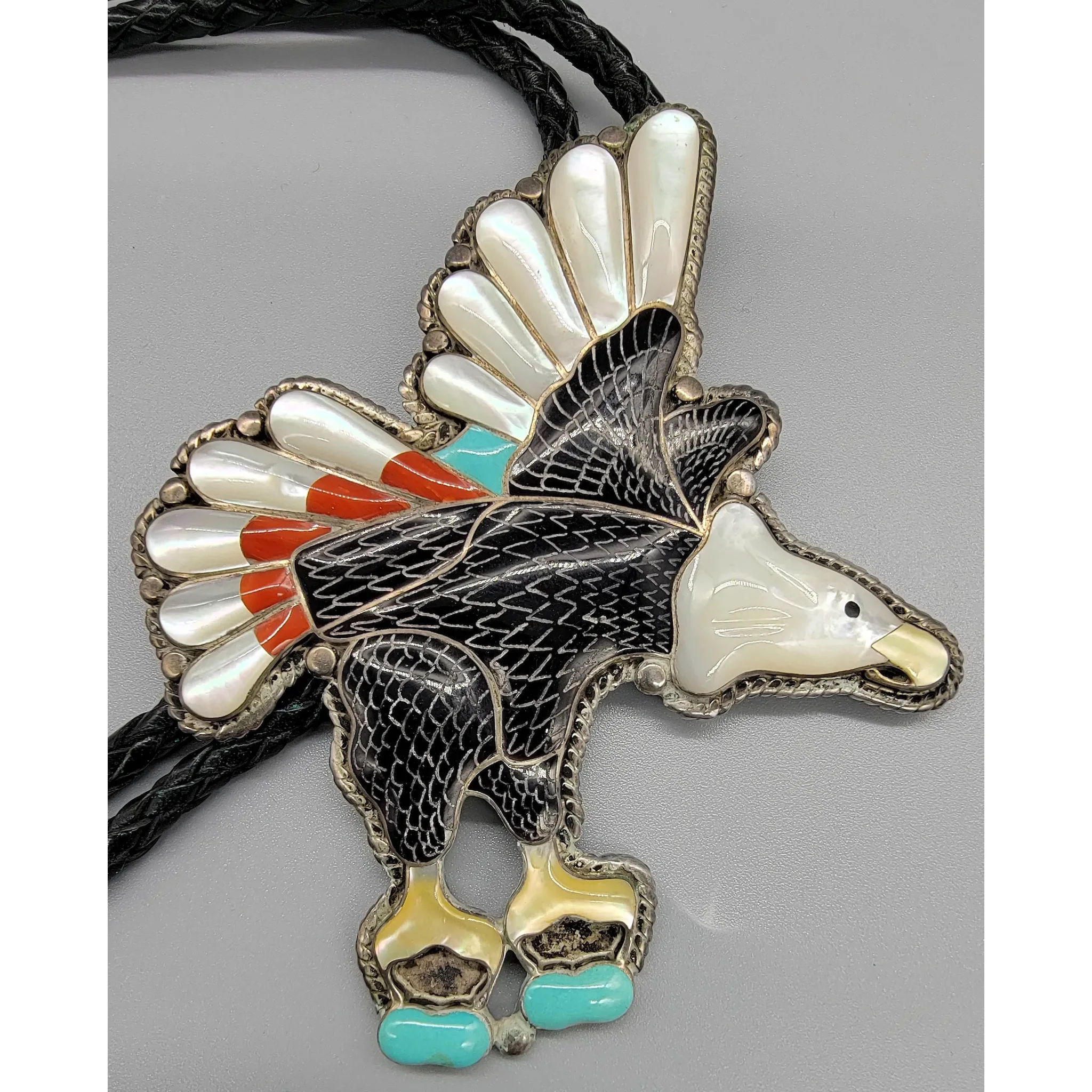 Vintage Zuni Flying Eagle Bolo Tie - Paul Peyketewa Jr - View 5