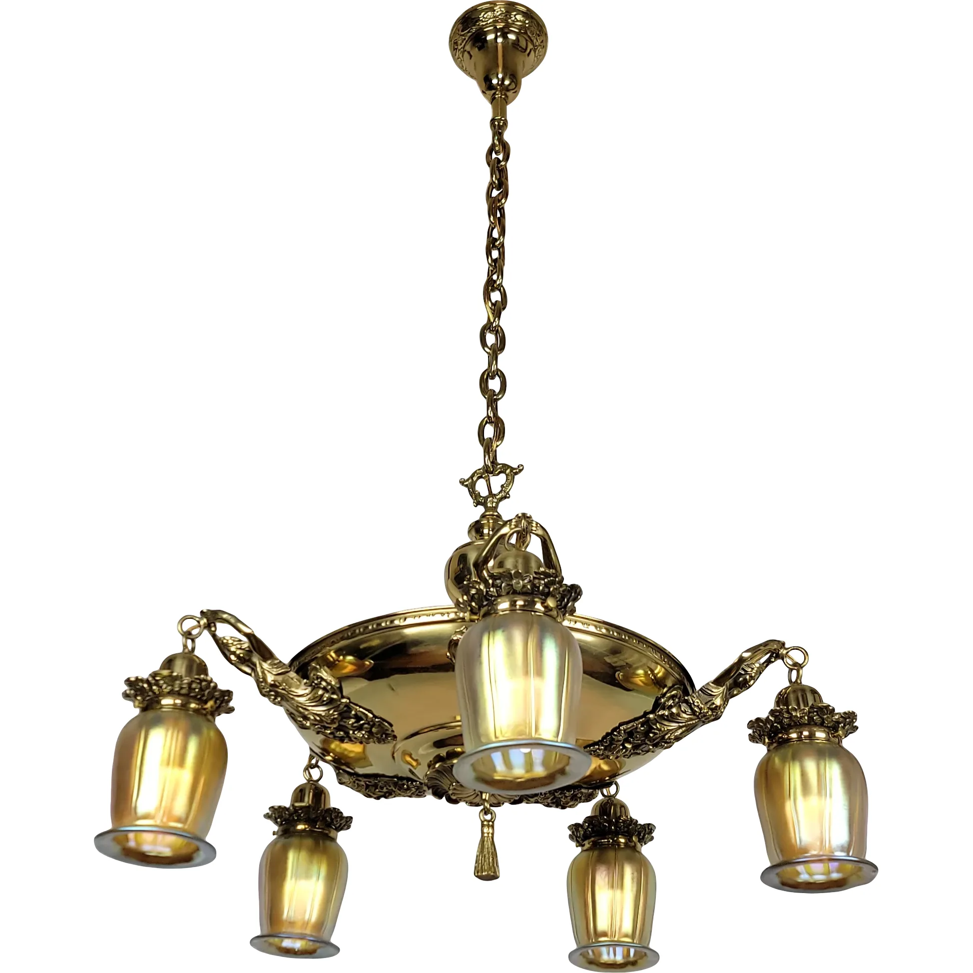 Antique Brass 5 Light Figural Maiden Fixture - Aurene Glass Shades