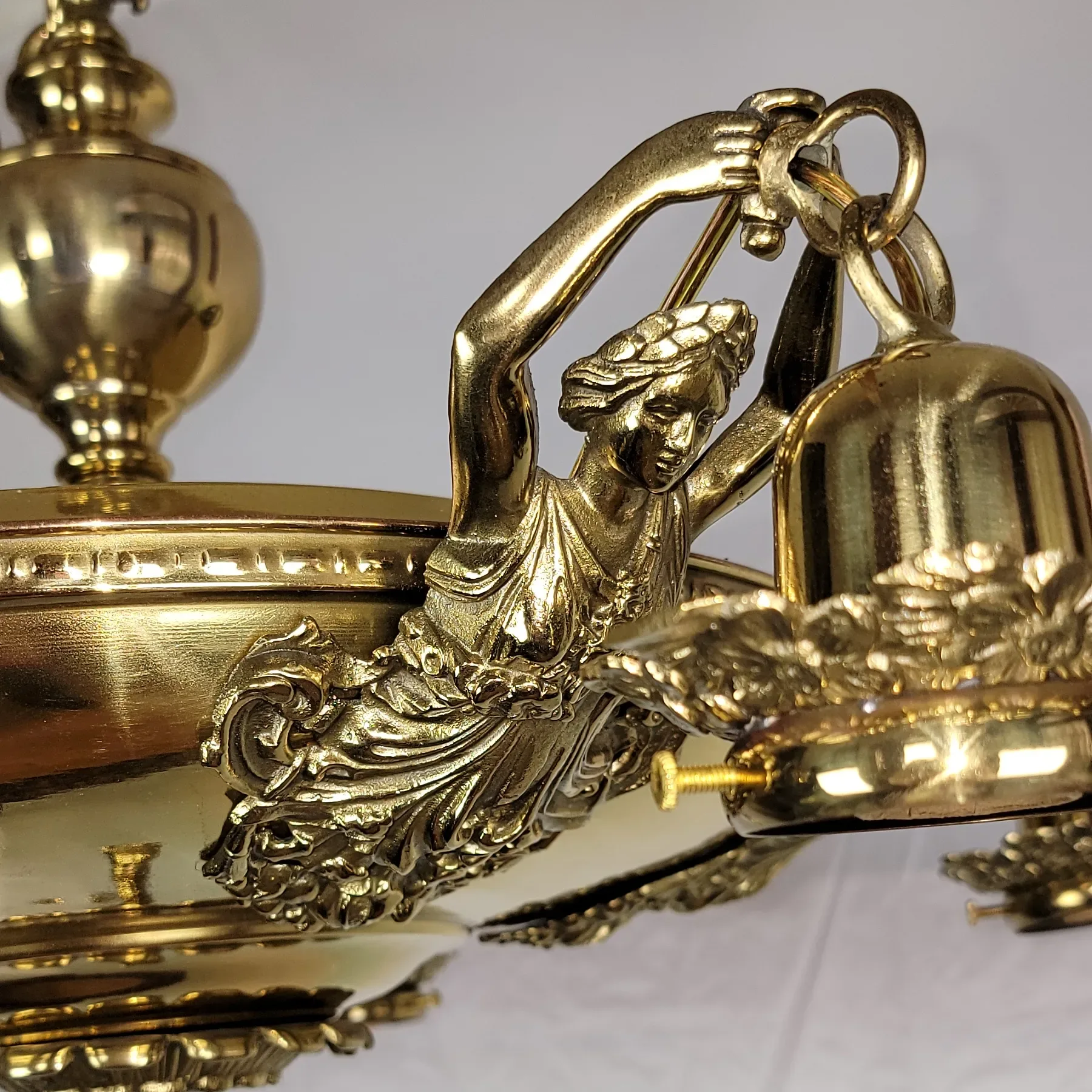 Antique Brass 5 Light Figural Maiden Fixture - Aurene Glass Shades: glass, red, antique, antique (view 10) - Lighting