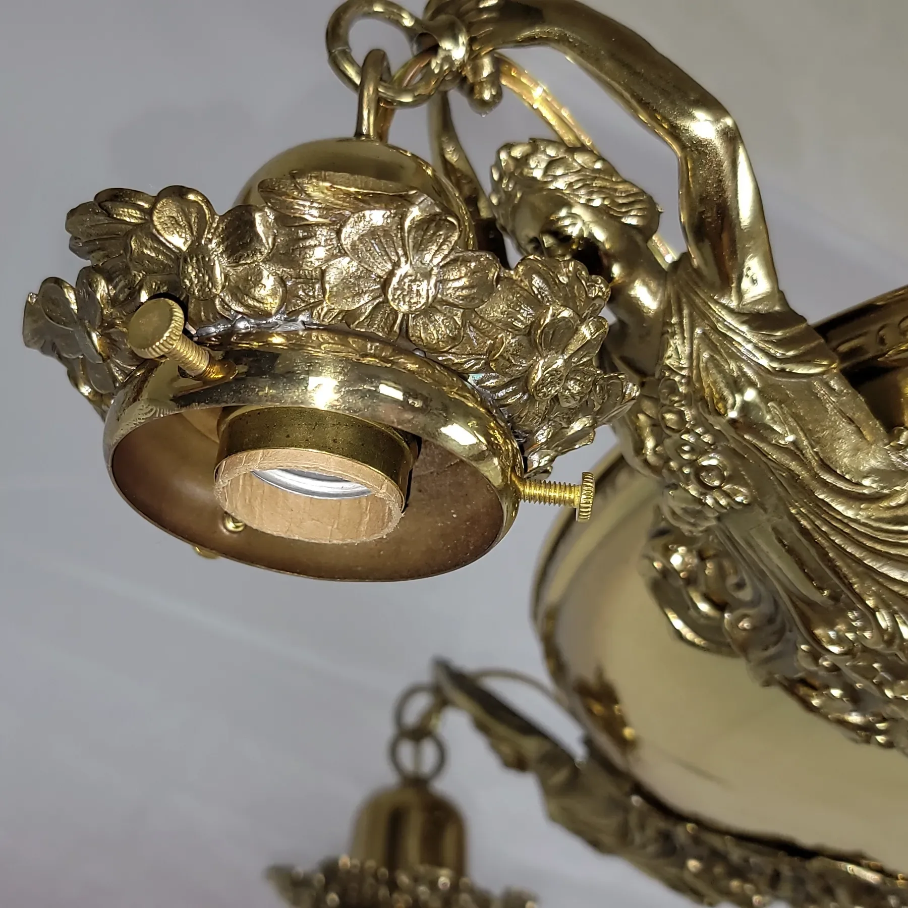 Antique Brass 5 Light Figural Maiden Fixture - Aurene Glass Shades: glass, red, antique, antique (view 11) - Lighting