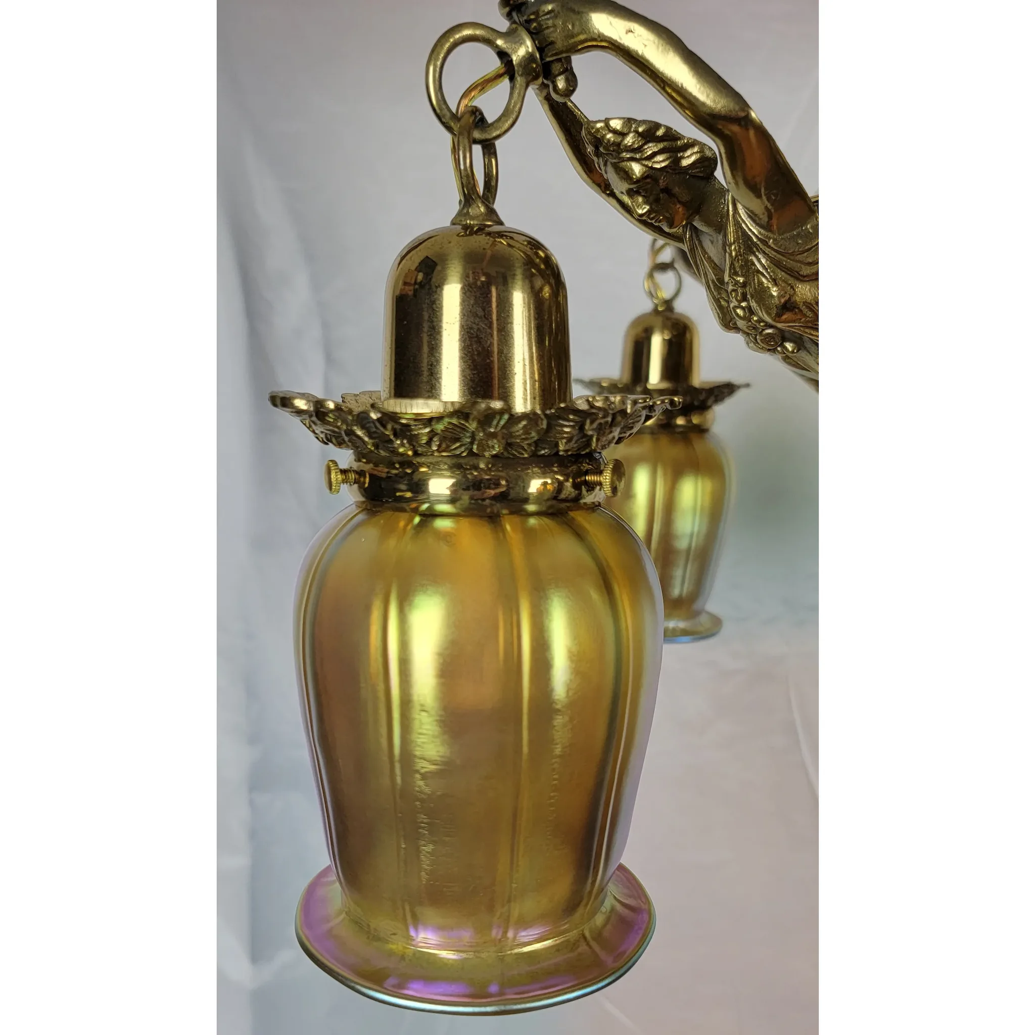 Antique Brass 5 Light Figural Maiden Fixture - Aurene Glass Shades: glass, red, antique, antique (view 13) - Lighting