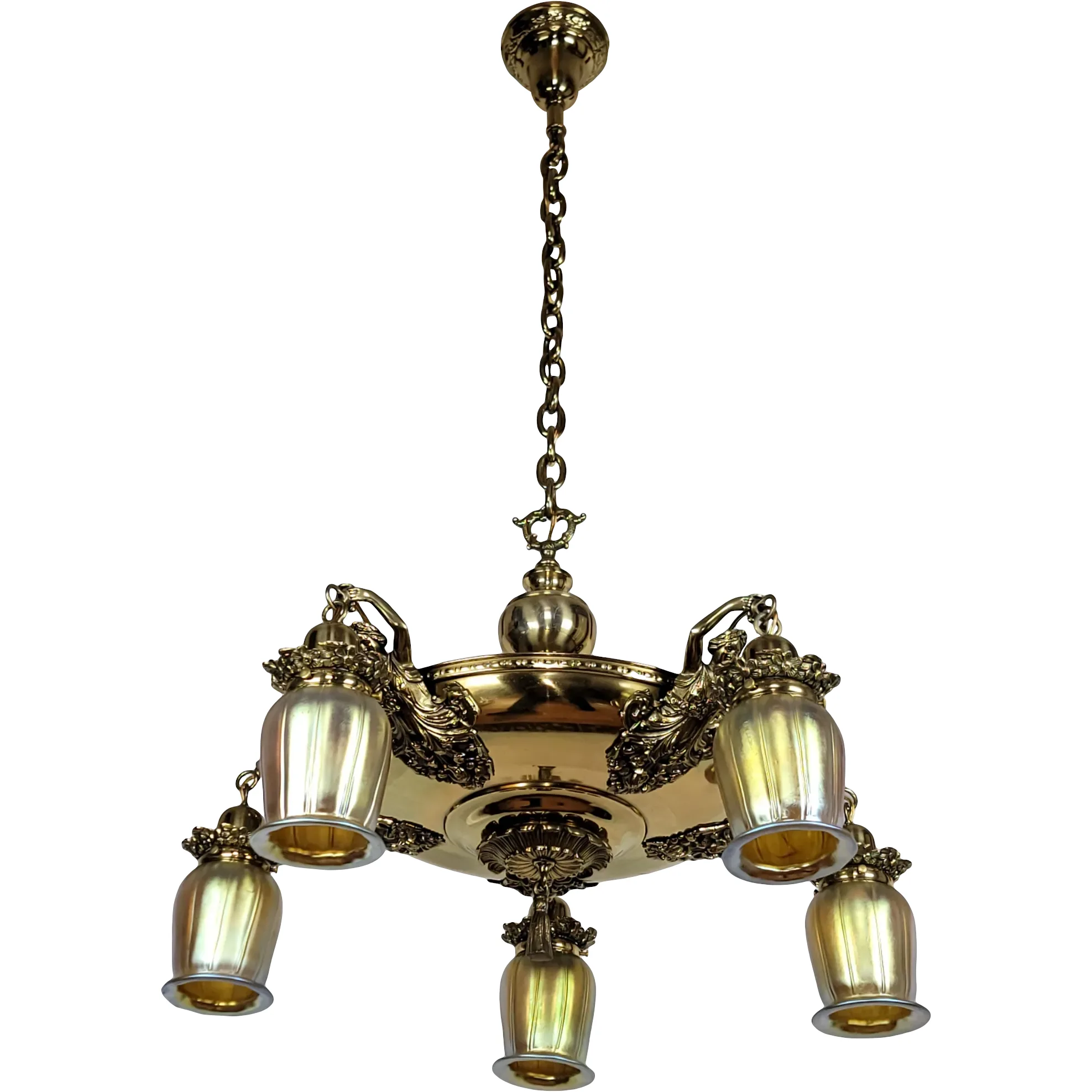 Antique Brass 5 Light Figural Maiden Fixture - Aurene Glass Shades: glass, red, antique, antique (alternate view) - Lighting