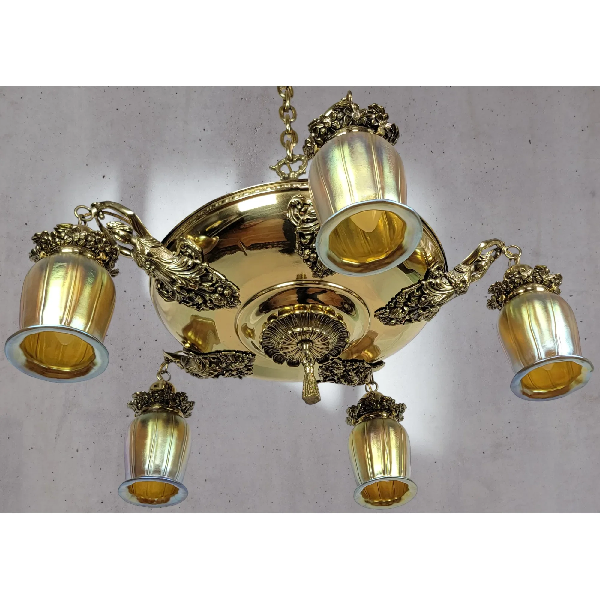 Antique Brass 5 Light Figural Maiden Fixture - Aurene Glass Shades: glass, red, antique, antique (close-up detail) - Lighting