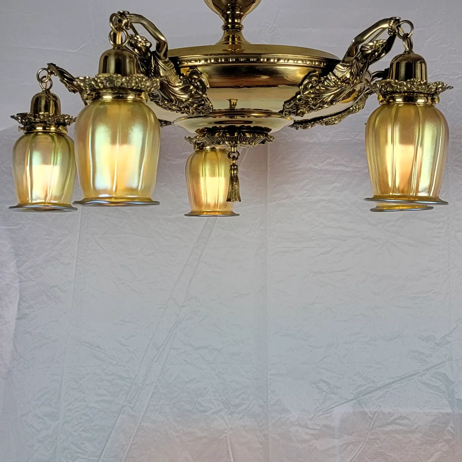 Antique Brass 5 Light Figural Maiden Fixture - Aurene Glass Shades: glass, red, antique, antique (side view) - Lighting