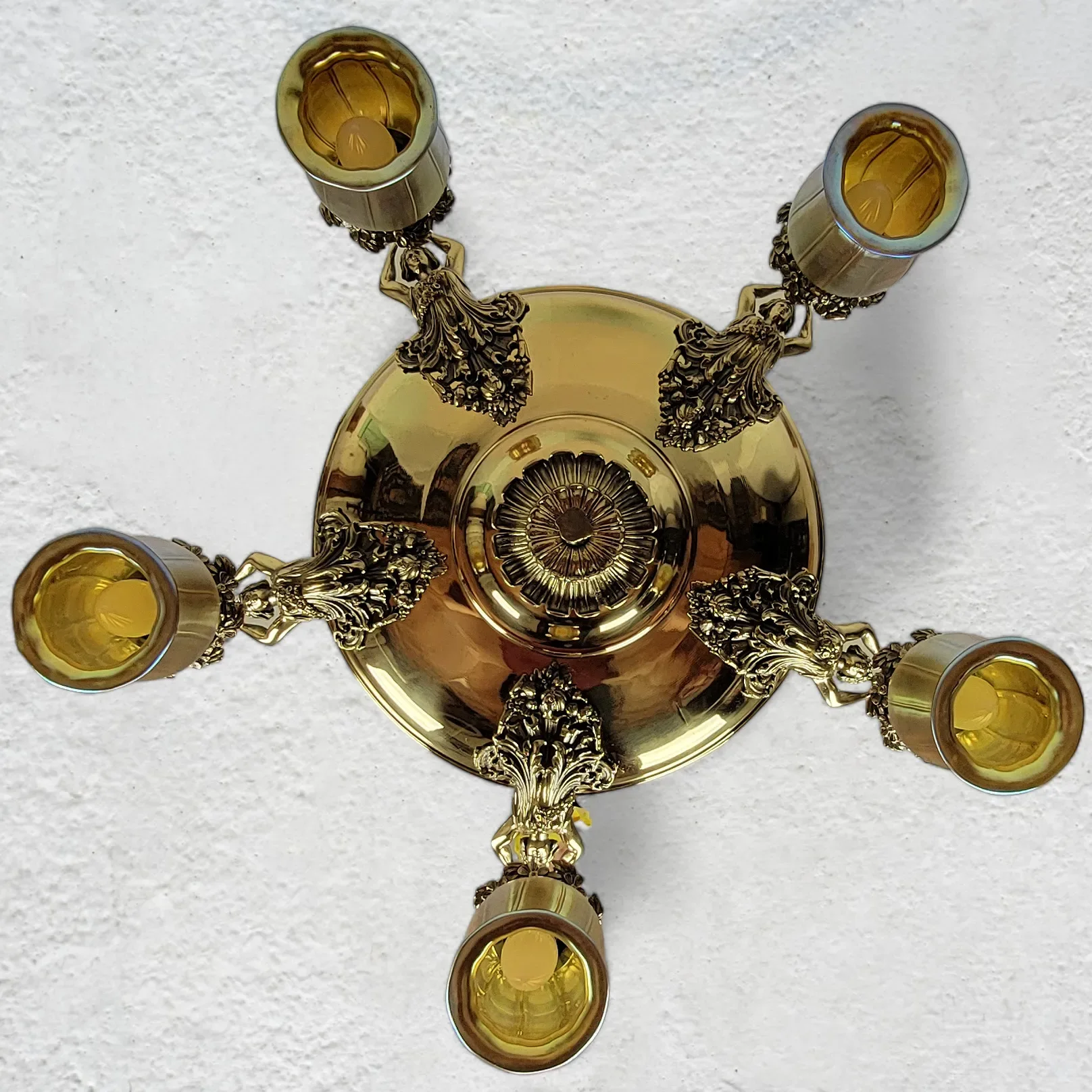 Antique Brass 5 Light Figural Maiden Fixture - Aurene Glass Shades: glass, red, antique, antique (back view) - Lighting