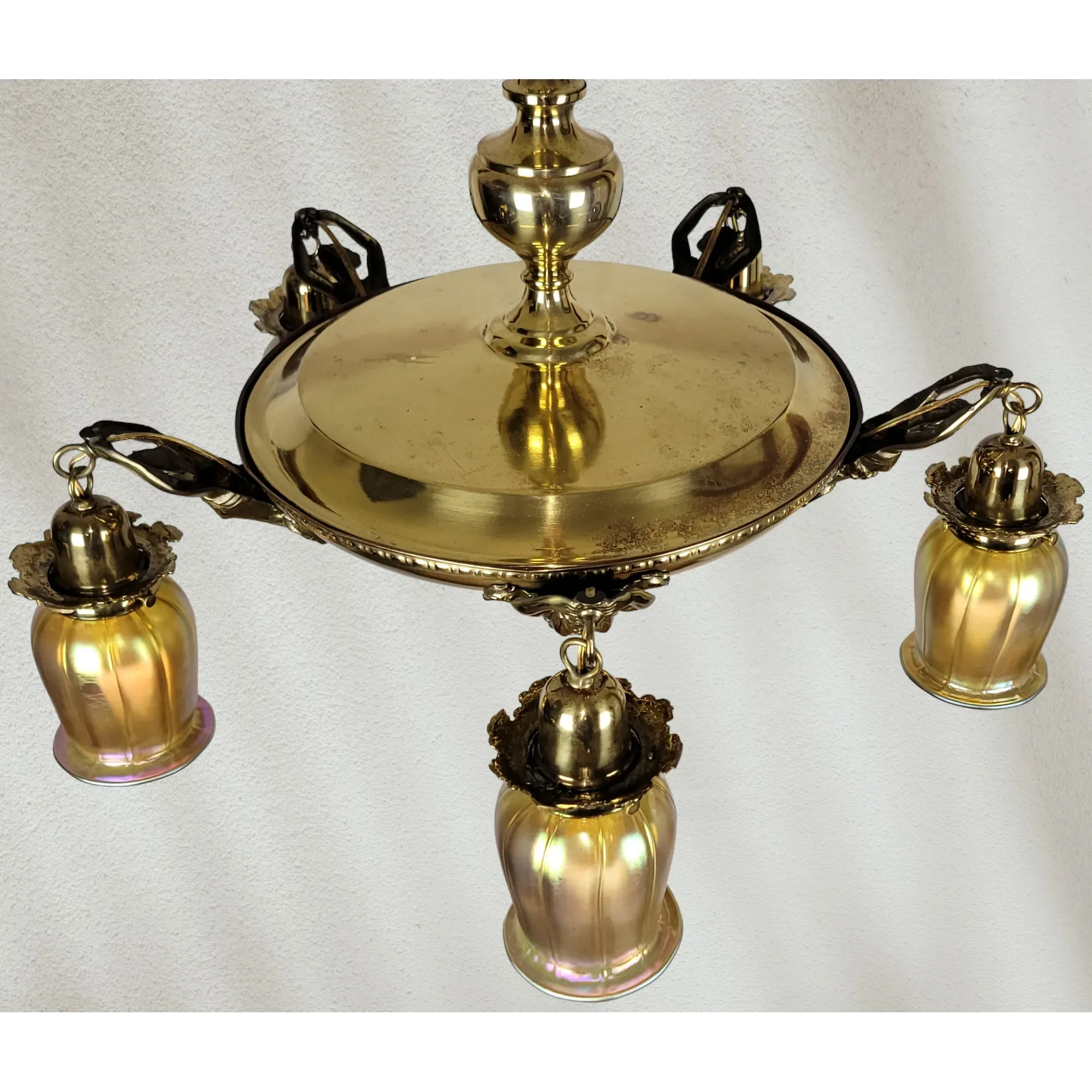 Antique Brass 5 Light Figural Maiden Fixture - Aurene Glass Shades: glass, red, antique, antique (view 6) - Lighting