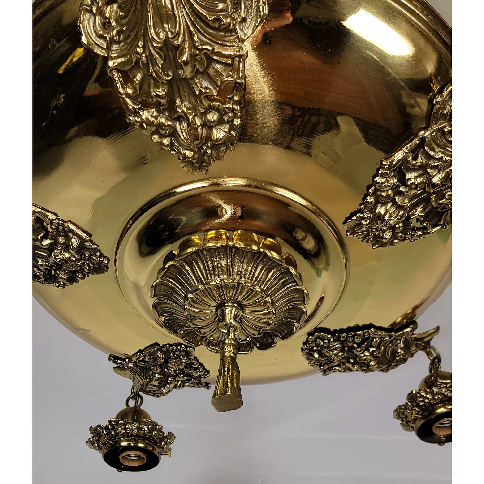 Antique Brass 5 Light Figural Maiden Fixture - Aurene Glass Shades: glass, red, antique, antique (view 7) - Lighting