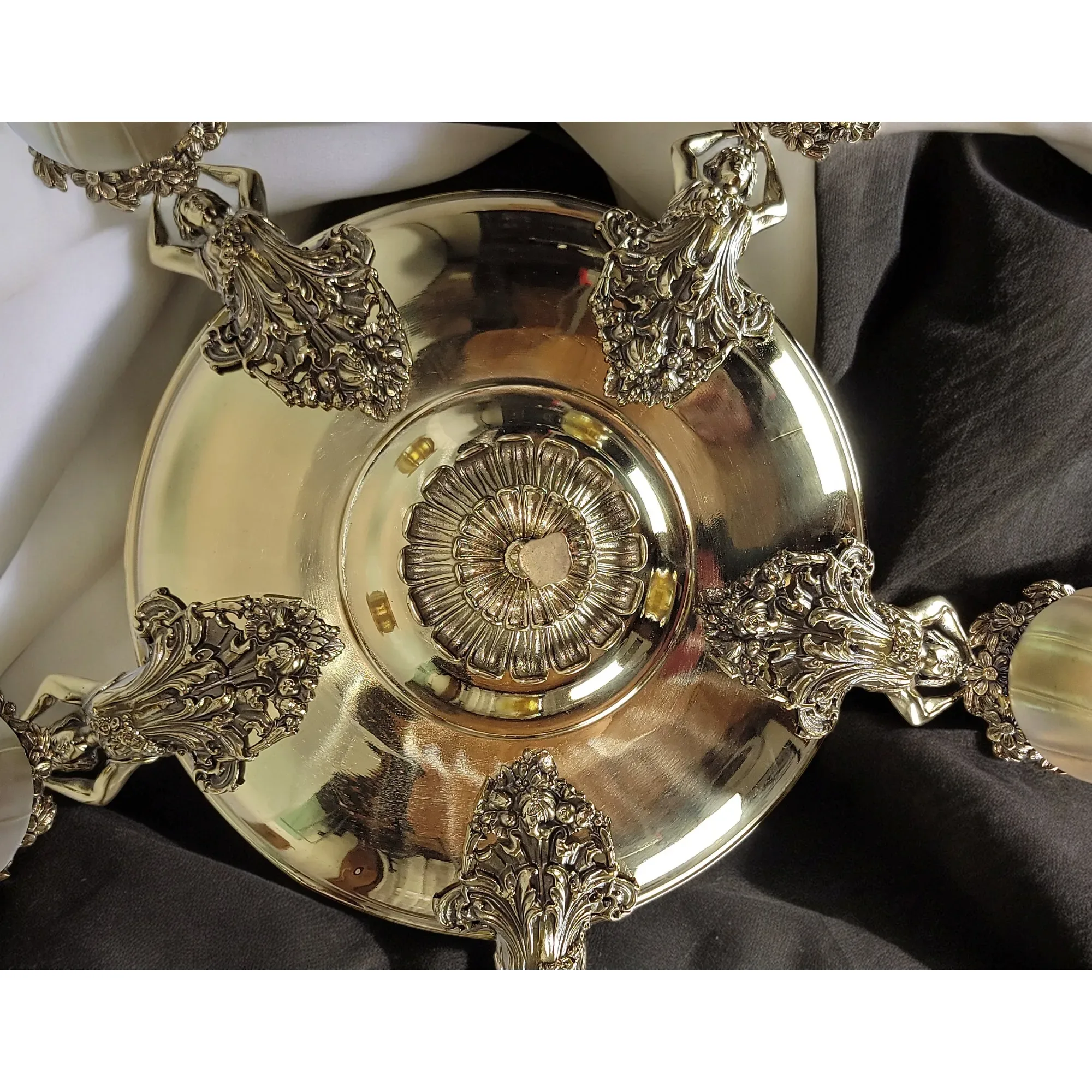 Antique Brass 5 Light Figural Maiden Fixture - Aurene Glass Shades: glass, red, antique, antique (view 8) - Lighting