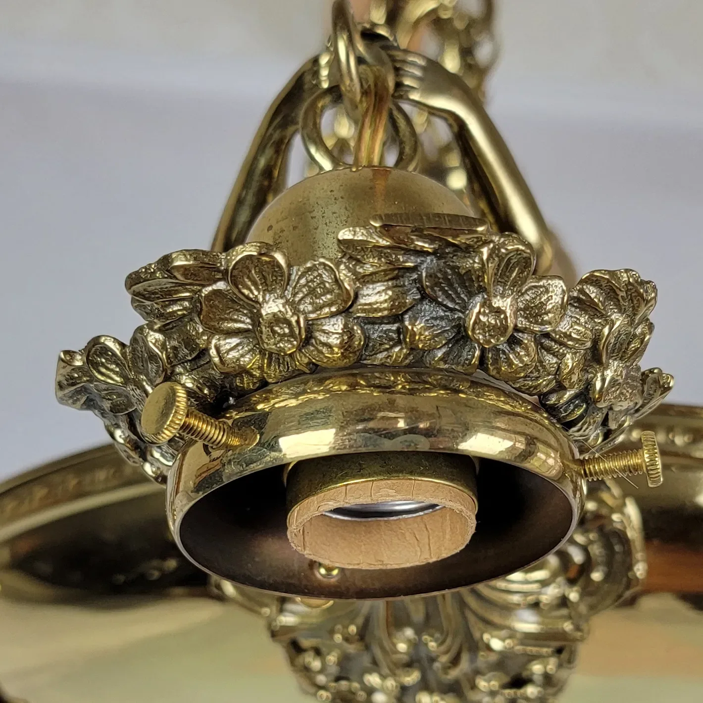 Antique Brass 5 Light Figural Maiden Fixture - Aurene Glass Shades: glass, red, antique, antique (view 9) - Lighting