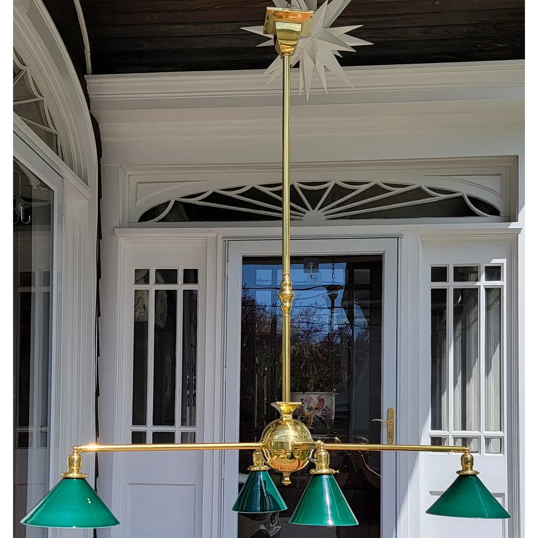Antique Brass Billiards 4-Light Fixture - Emeralite Cone Shades - View 2