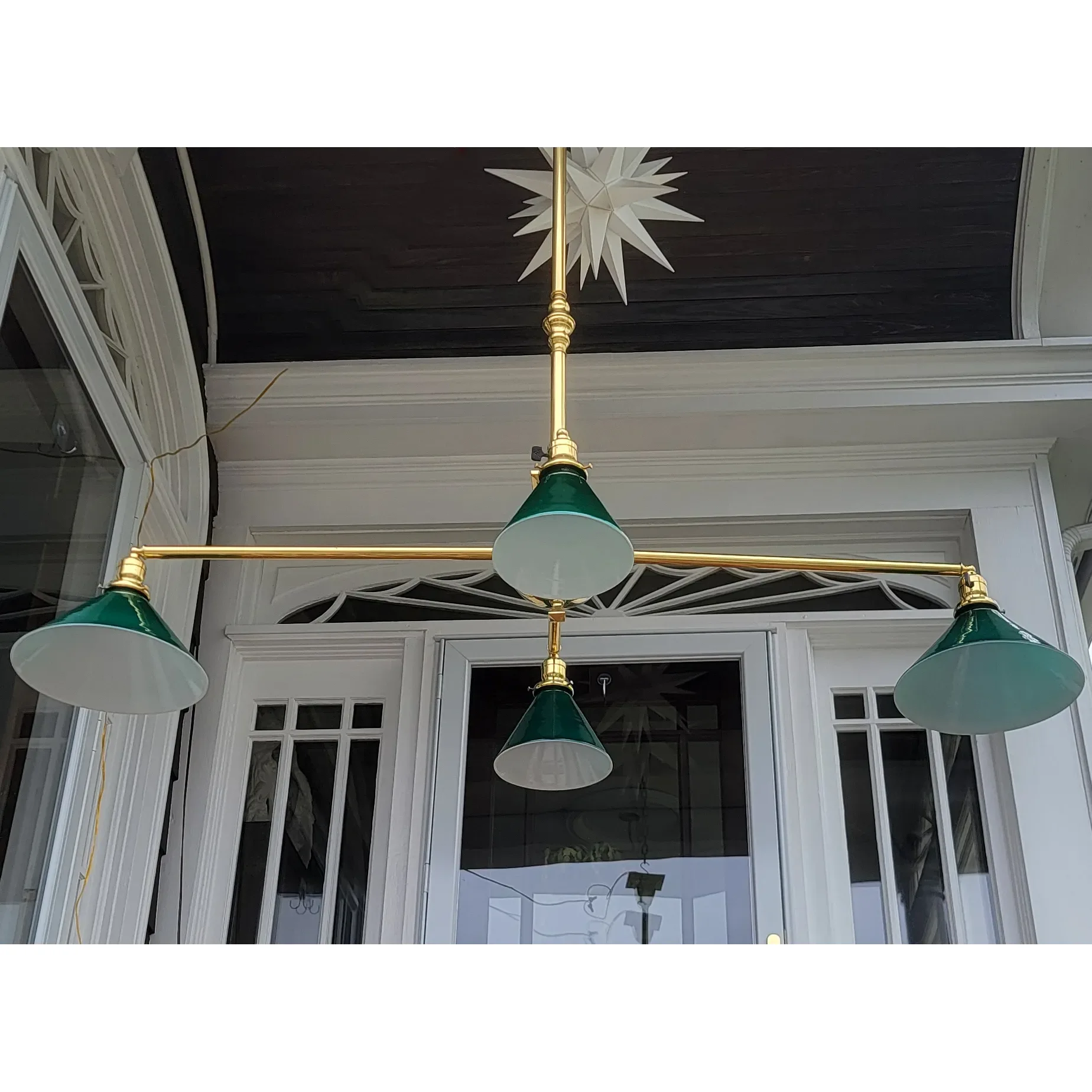 Antique Brass Billiards 4-Light Fixture - Emeralite Cone Shades - View 3