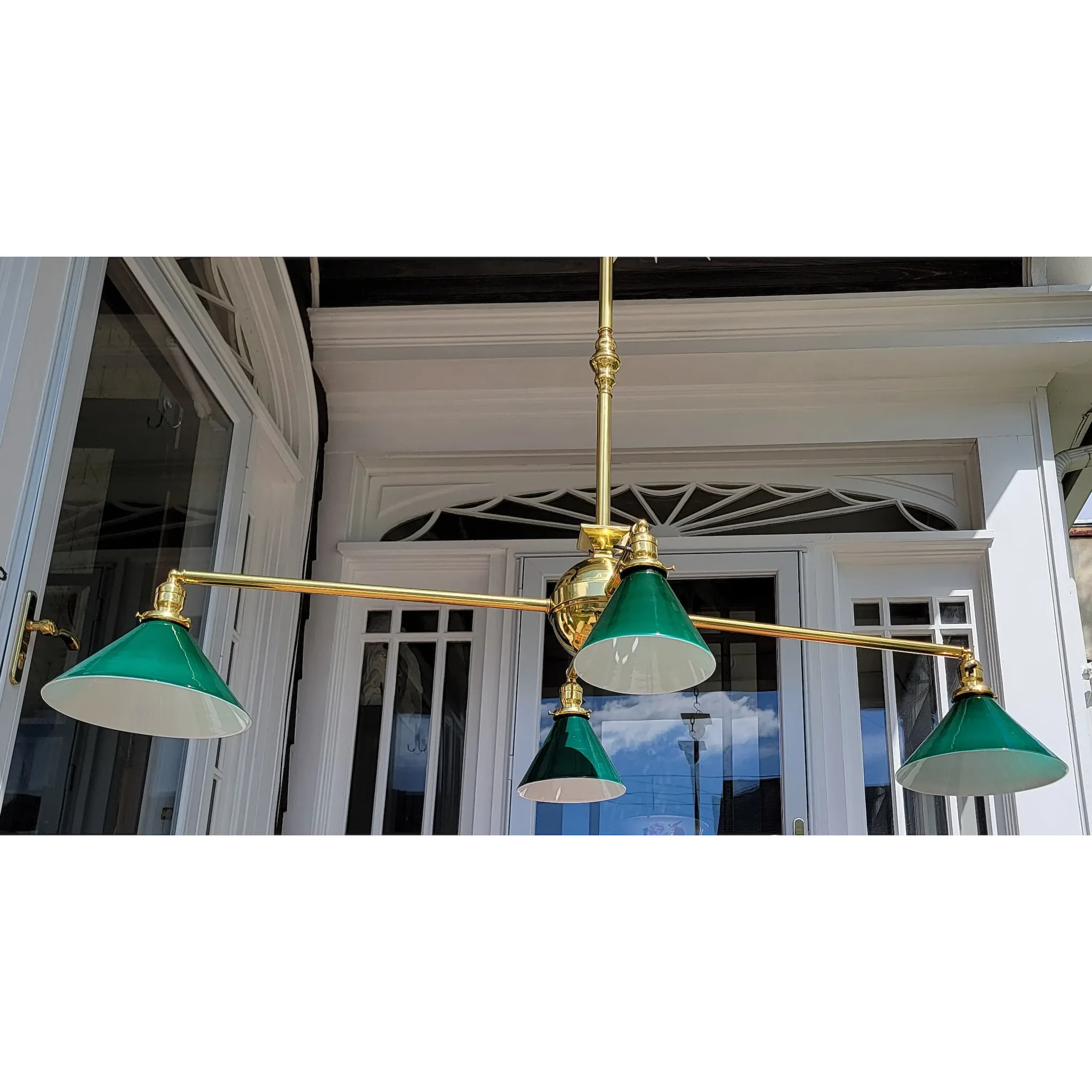 Antique Brass Billiards 4-Light Fixture - Emeralite Cone Shades - View 4