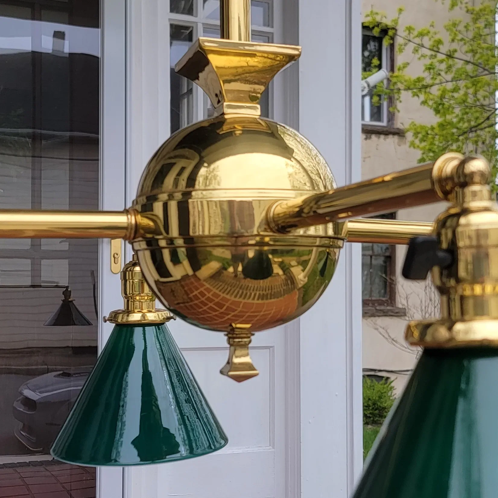 Antique Brass Billiards 4-Light Fixture - Emeralite Cone Shades - View 5