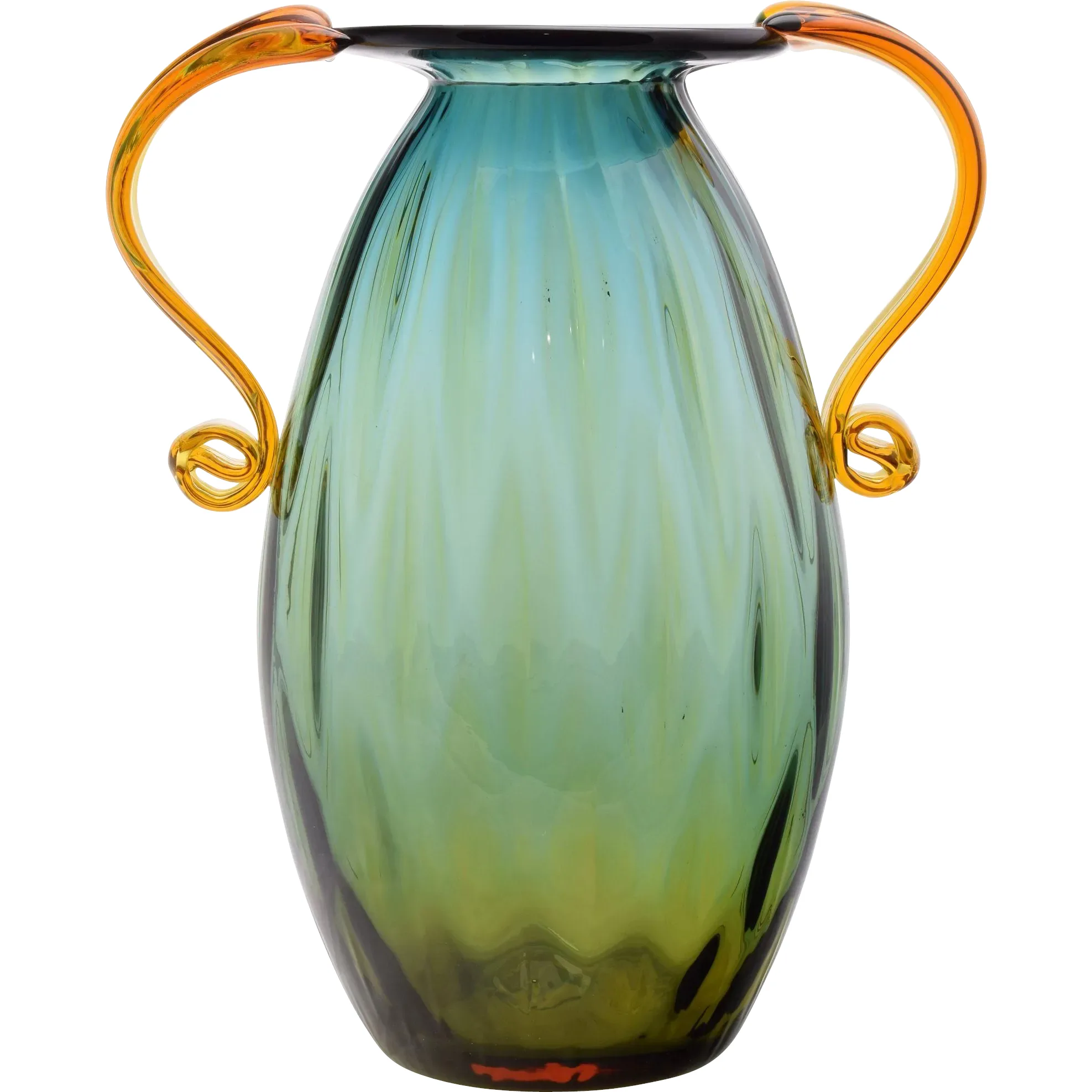 Blenko Glass 2003 Double Handle Vase 9421 - Desert Green / Topaz