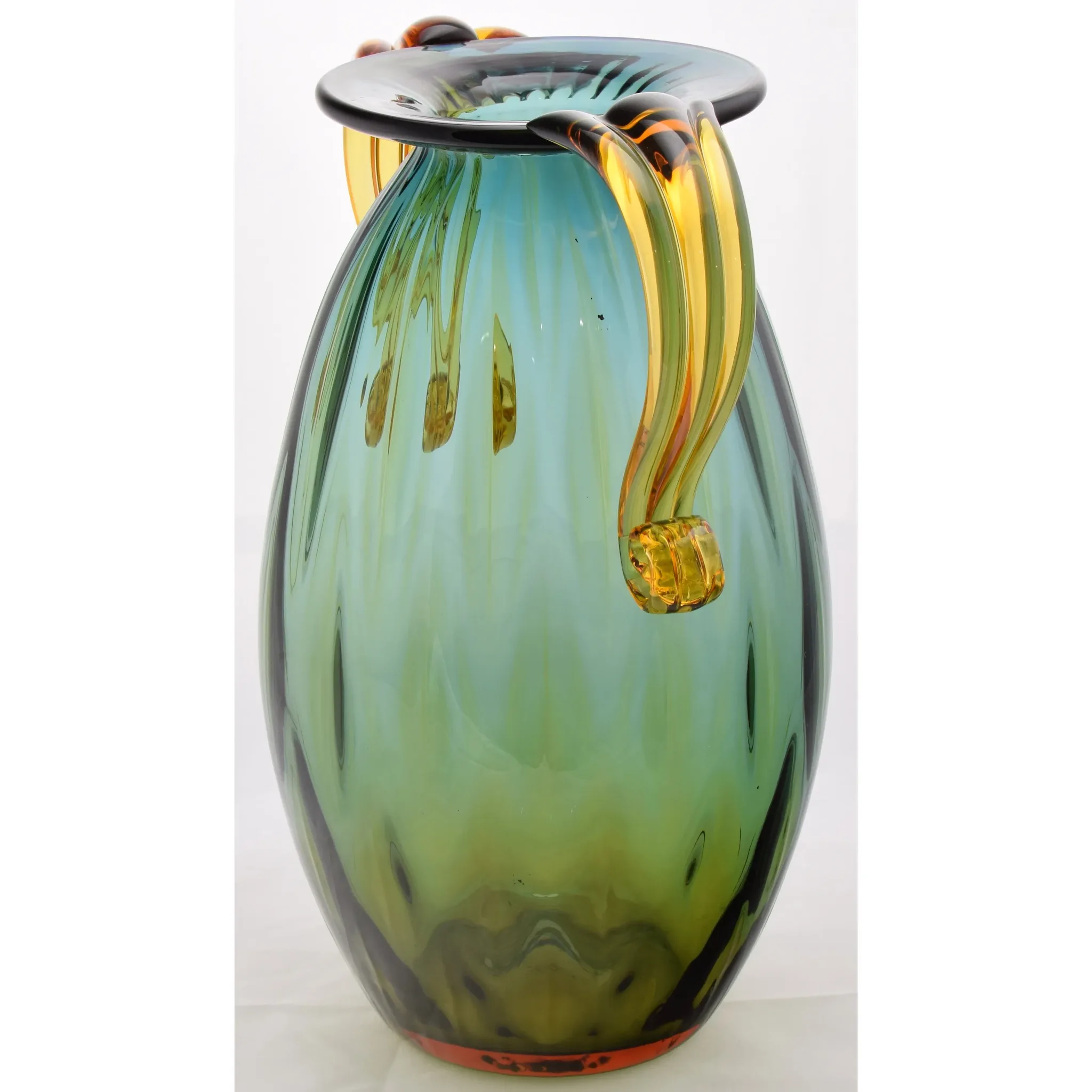 Blenko Glass 2003 Double Handle Vase 9421 - Desert Green / Topaz - View 3