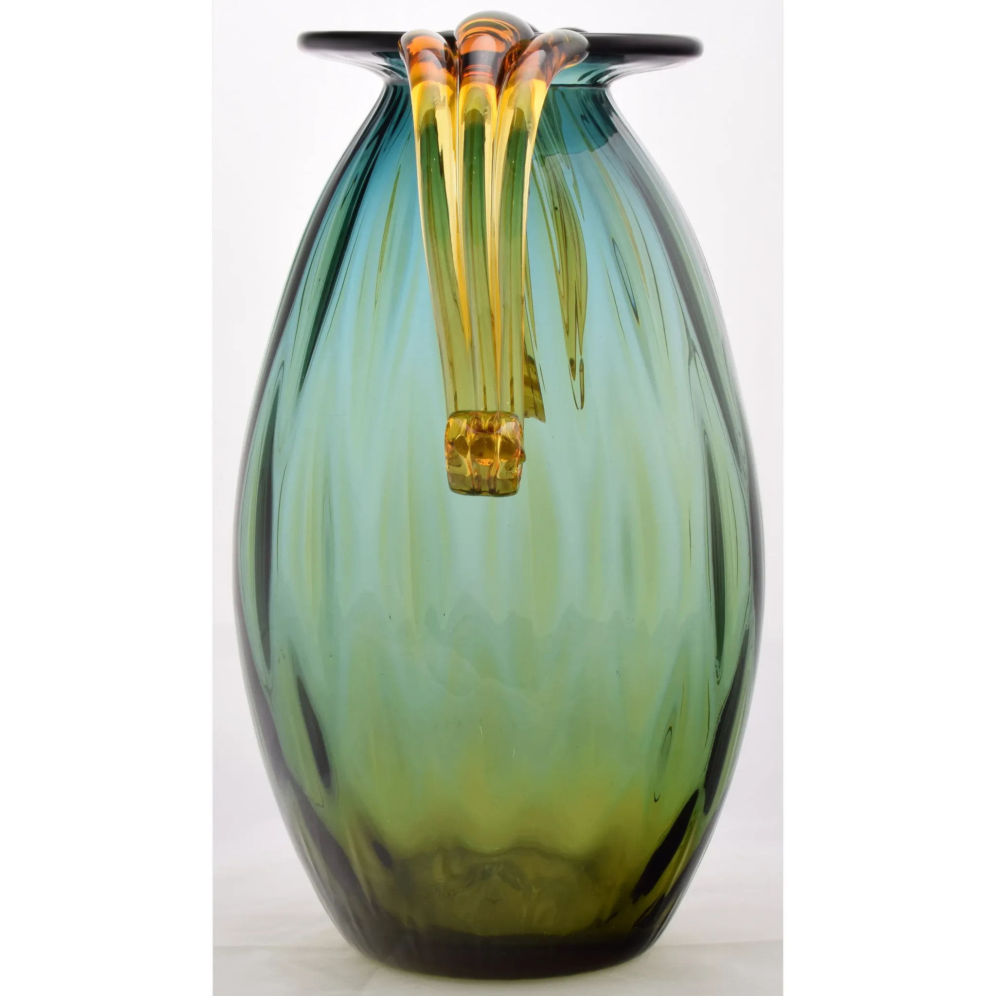 Blenko Glass 2003 Double Handle Vase 9421 - Desert Green / Topaz - View 4