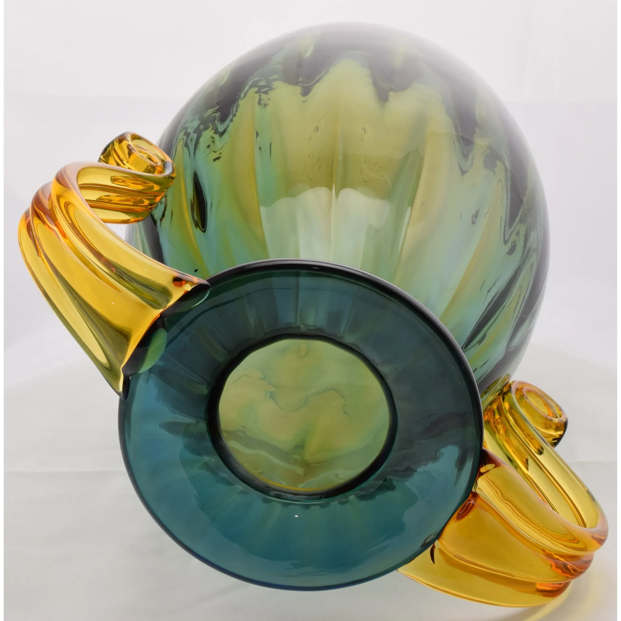 Blenko Glass 2003 Double Handle Vase 9421 - Desert Green / Topaz - View 8