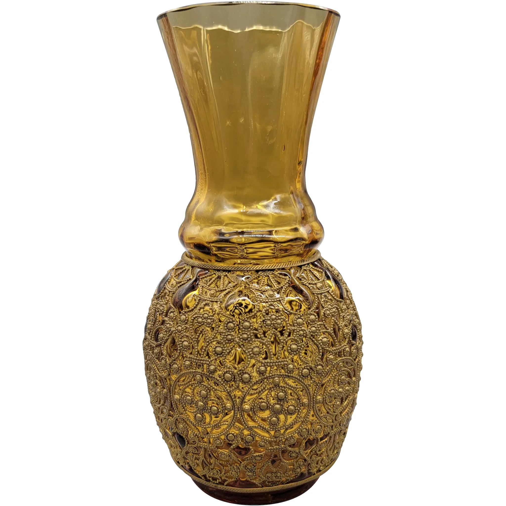 Antique Fritz Heckaert/Adolf Heyden Amber Vase with Brass Filigree