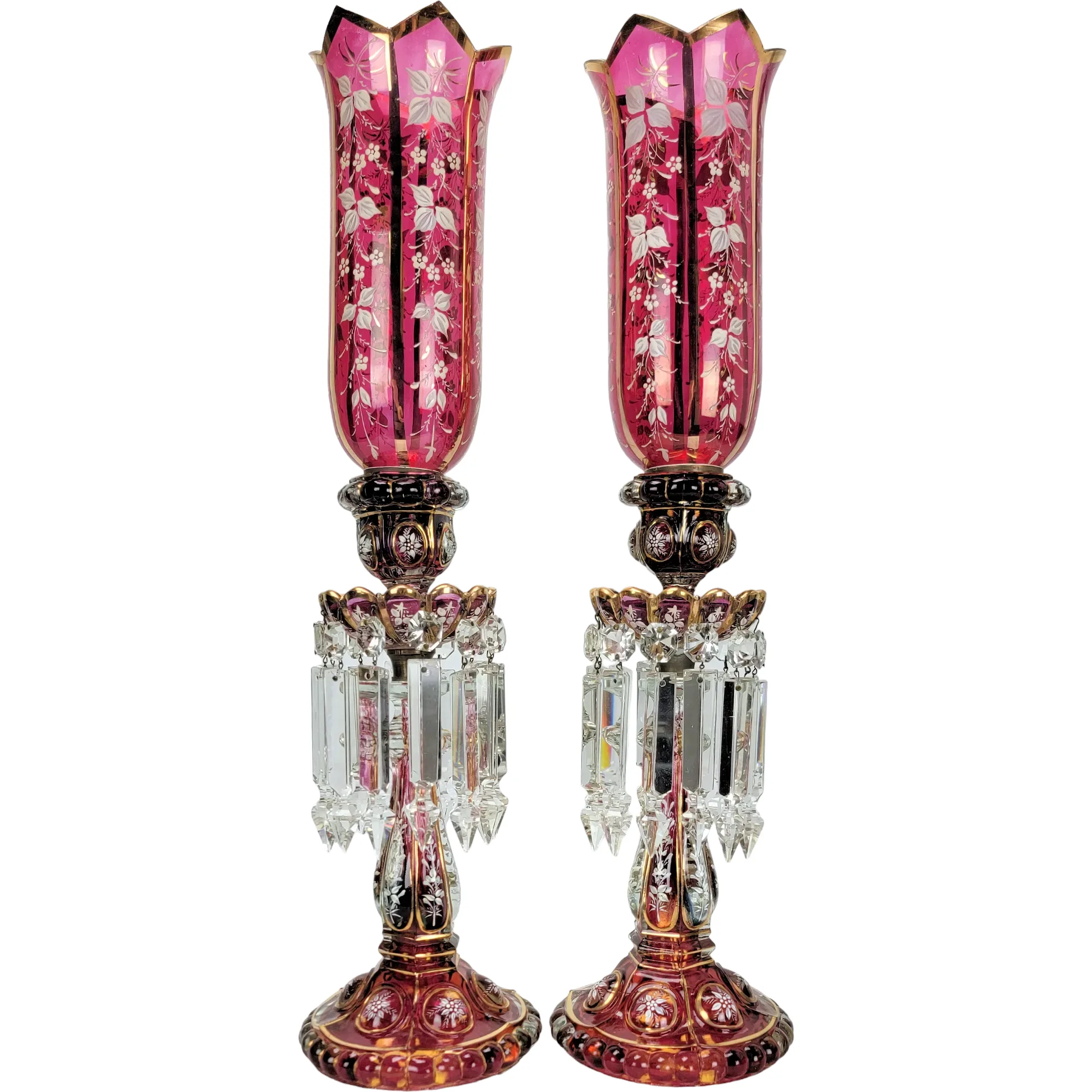 Pair Antique Baccarat Ruby Stained Medallion Hurricane Candlesticks