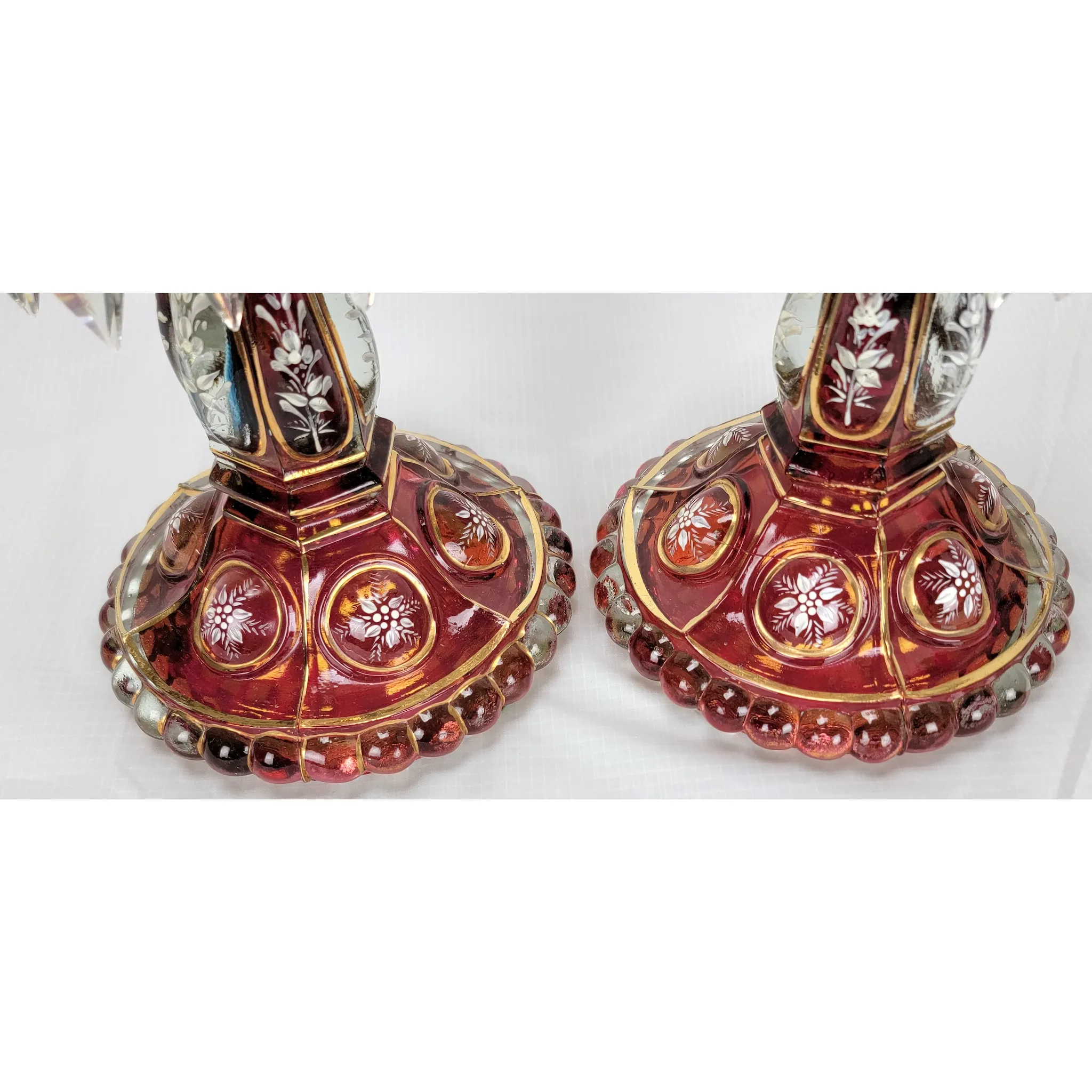 Pair Antique Baccarat Ruby Stained Medallion Hurricane Candlesticks - View 10