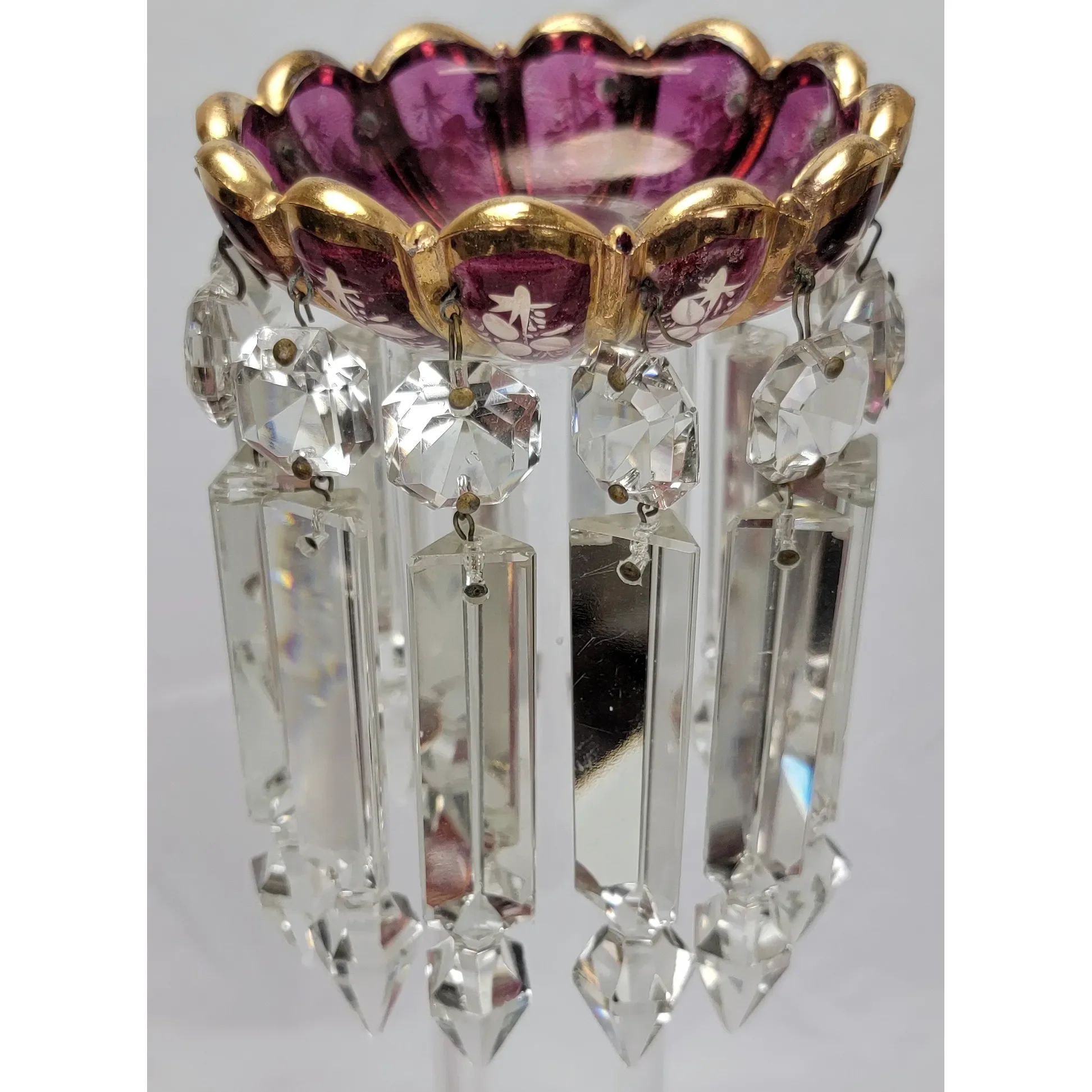 Pair Antique Baccarat Ruby Stained Medallion Hurricane Candlesticks - View 11