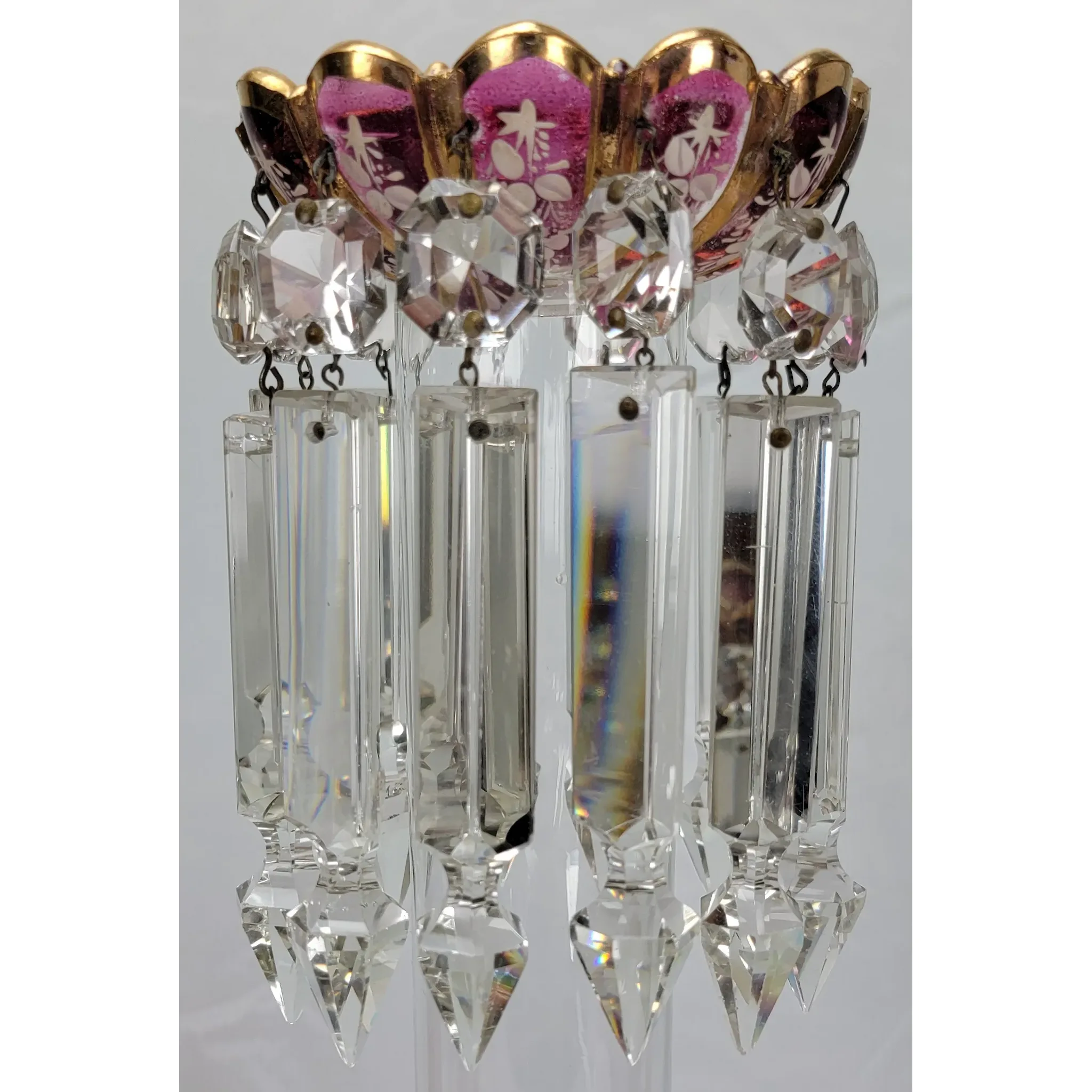 Pair Antique Baccarat Ruby Stained Medallion Hurricane Candlesticks - View 12