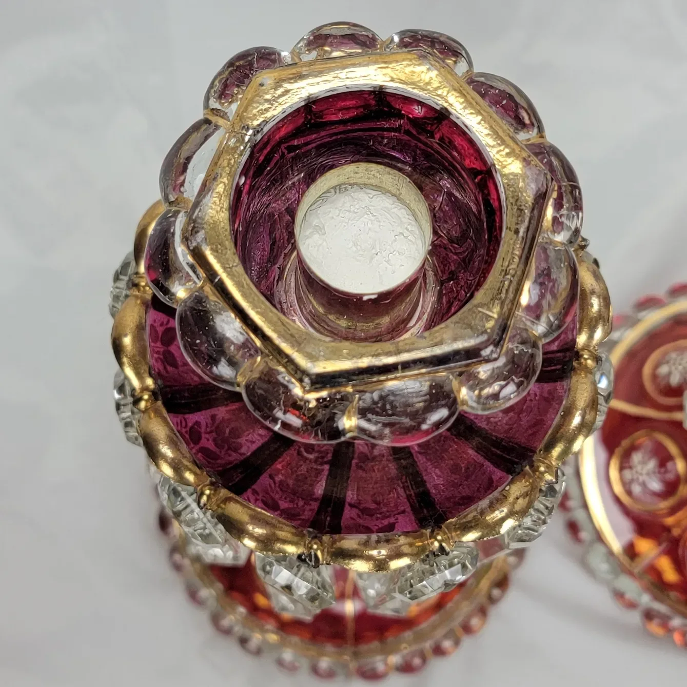 Pair Antique Baccarat Ruby Stained Medallion Hurricane Candlesticks - View 13