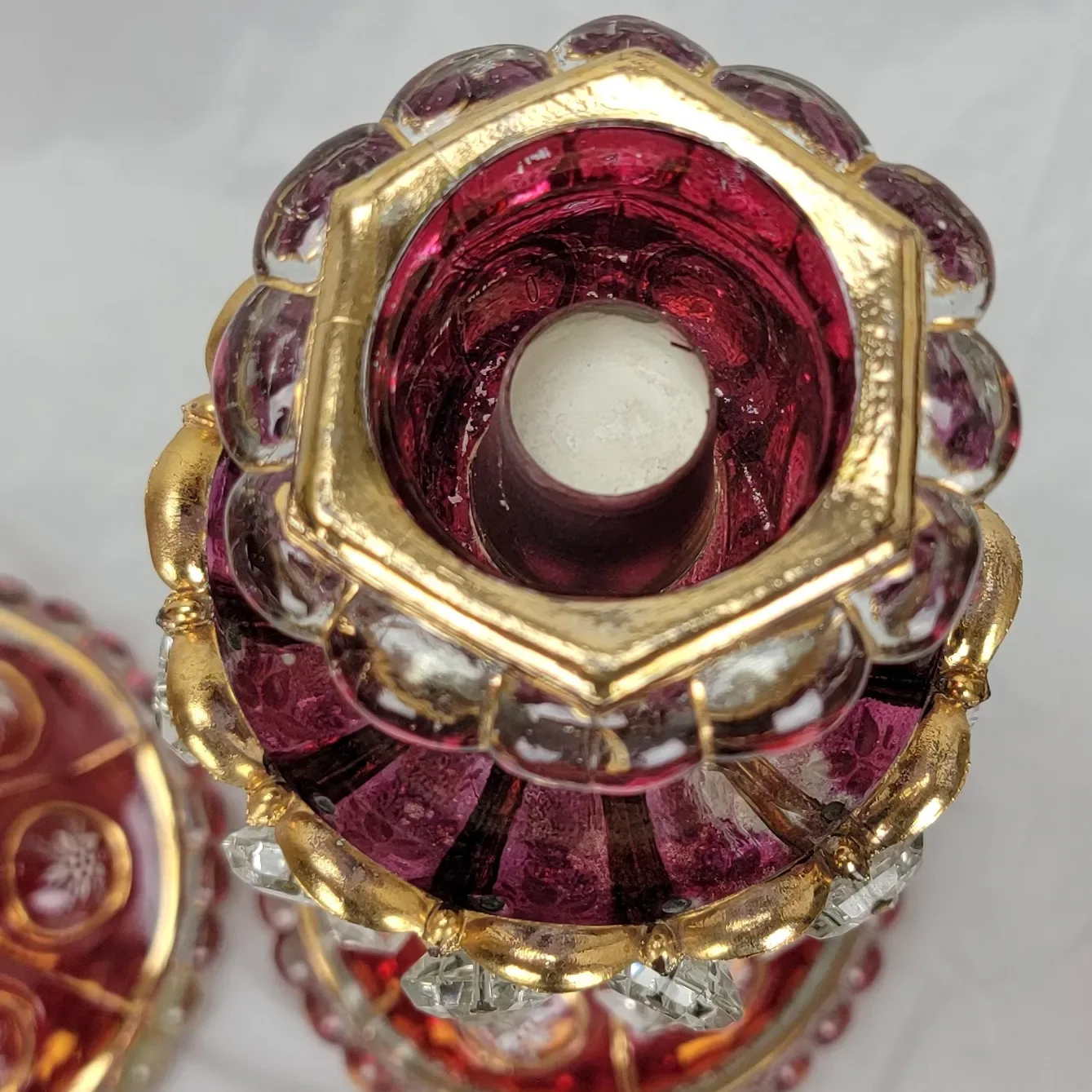 Pair Antique Baccarat Ruby Stained Medallion Hurricane Candlesticks - View 14