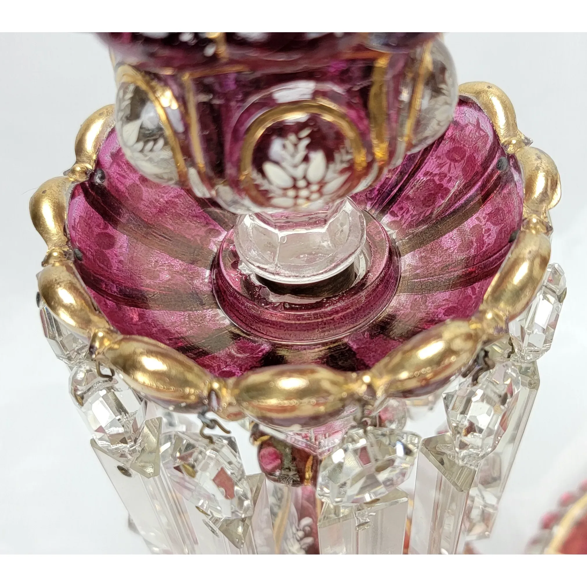 Pair Antique Baccarat Ruby Stained Medallion Hurricane Candlesticks - View 15
