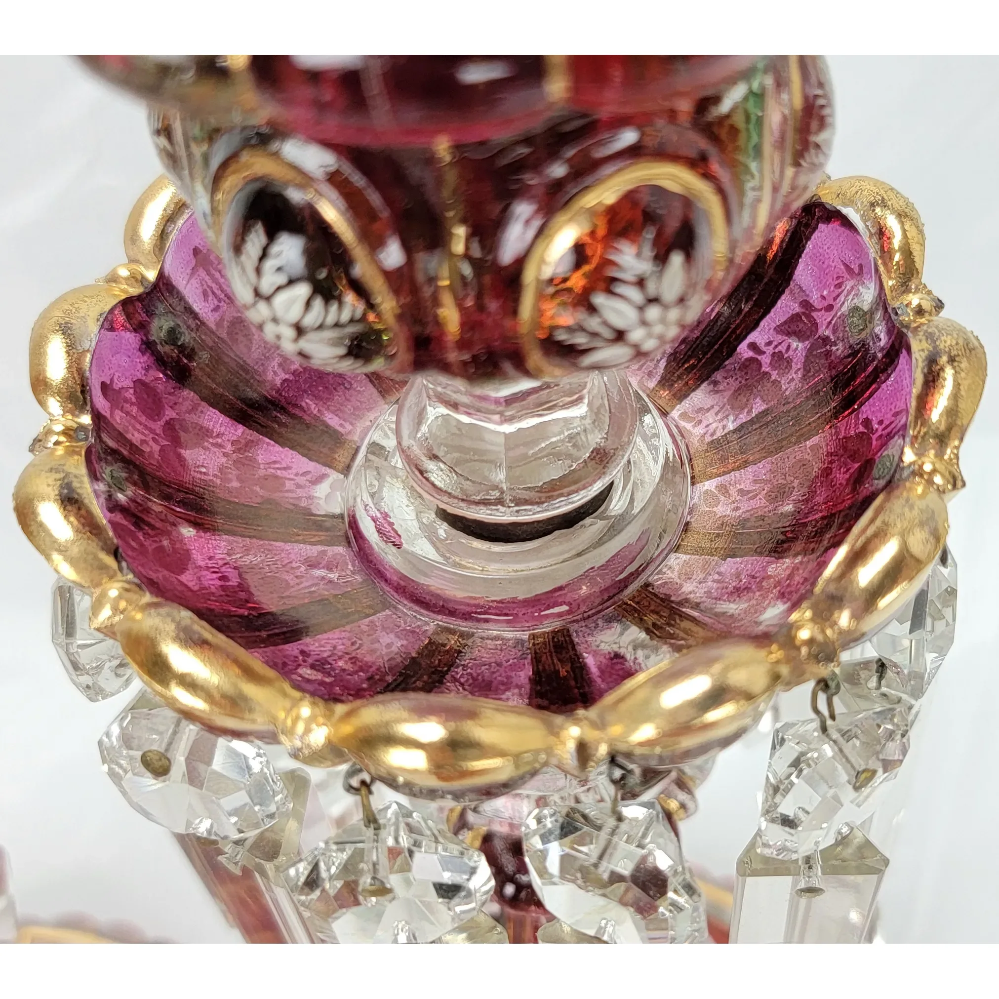 Pair Antique Baccarat Ruby Stained Medallion Hurricane Candlesticks - View 16