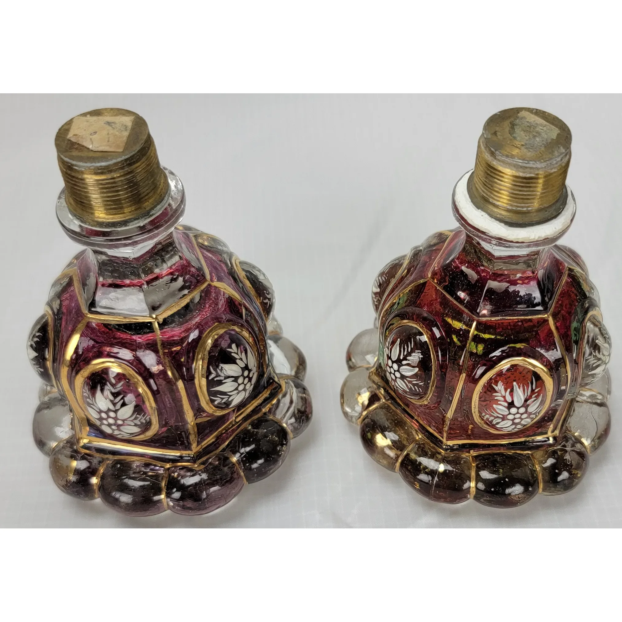 Pair Antique Baccarat Ruby Stained Medallion Hurricane Candlesticks - View 18