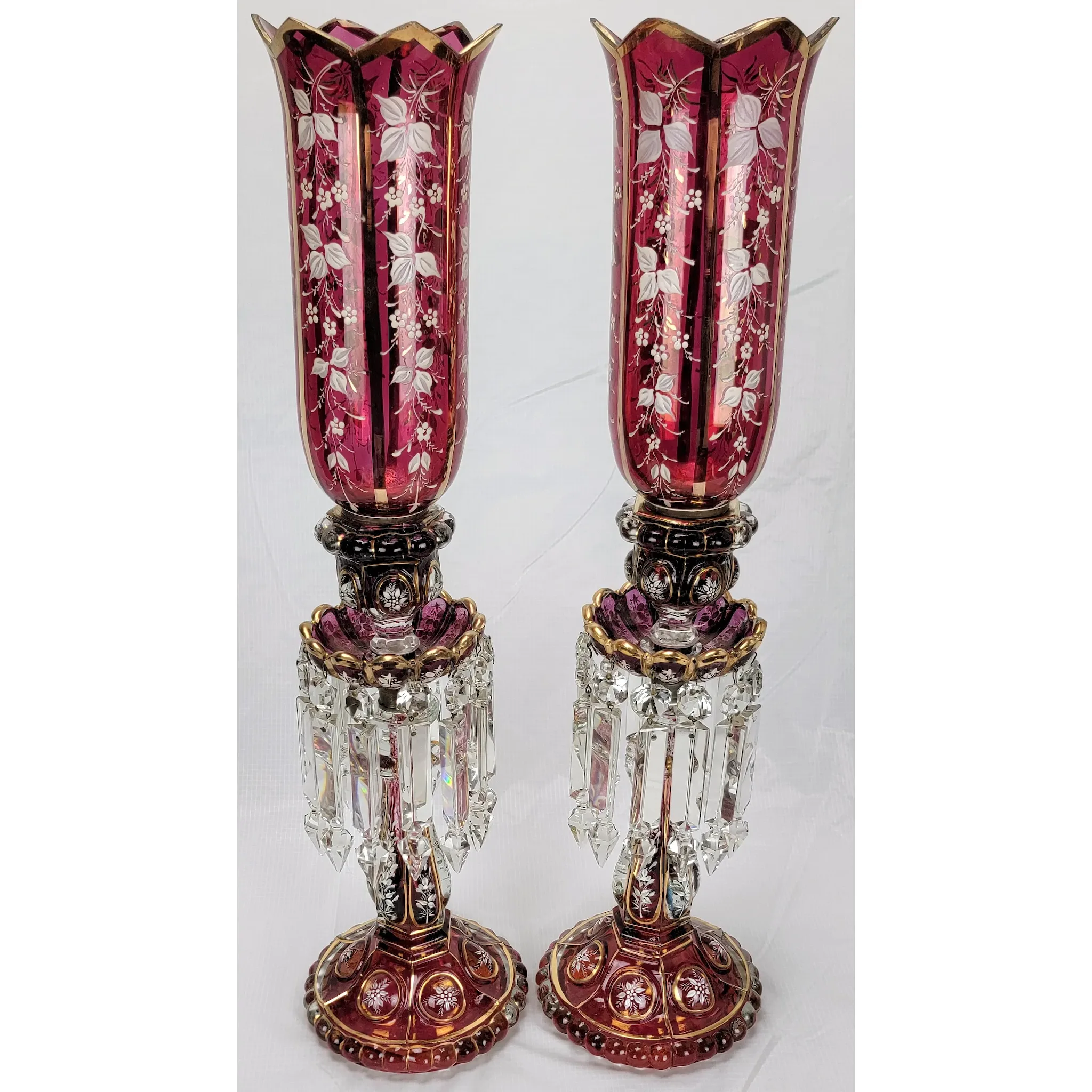 Pair Antique Baccarat Ruby Stained Medallion Hurricane Candlesticks - View 2