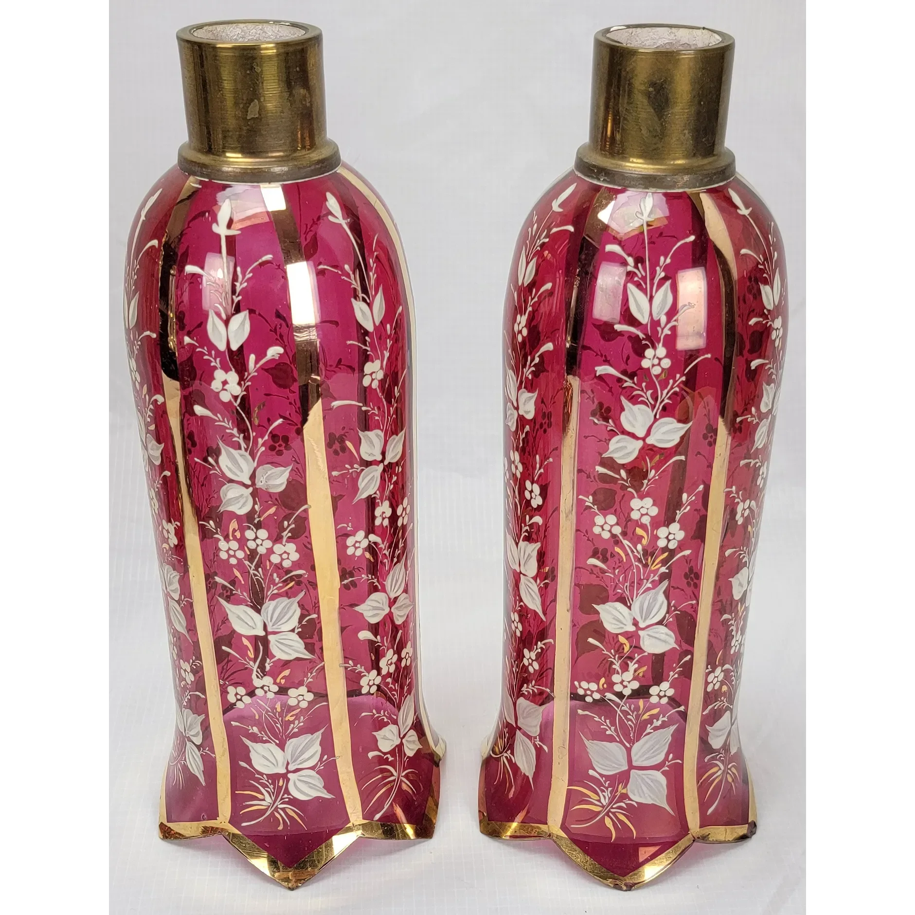 Pair Antique Baccarat Ruby Stained Medallion Hurricane Candlesticks - View 3